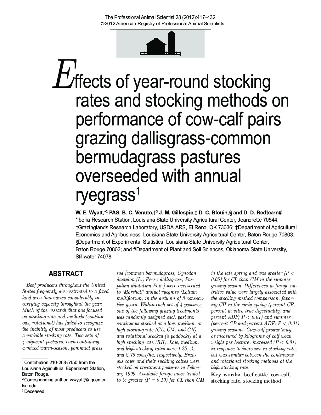 Effects of year-round stocking rates and stocking methods on performance of cow-calf pairs grazing dallisgrass-common bermudagrass pastures overseeded with annual ryegrass1