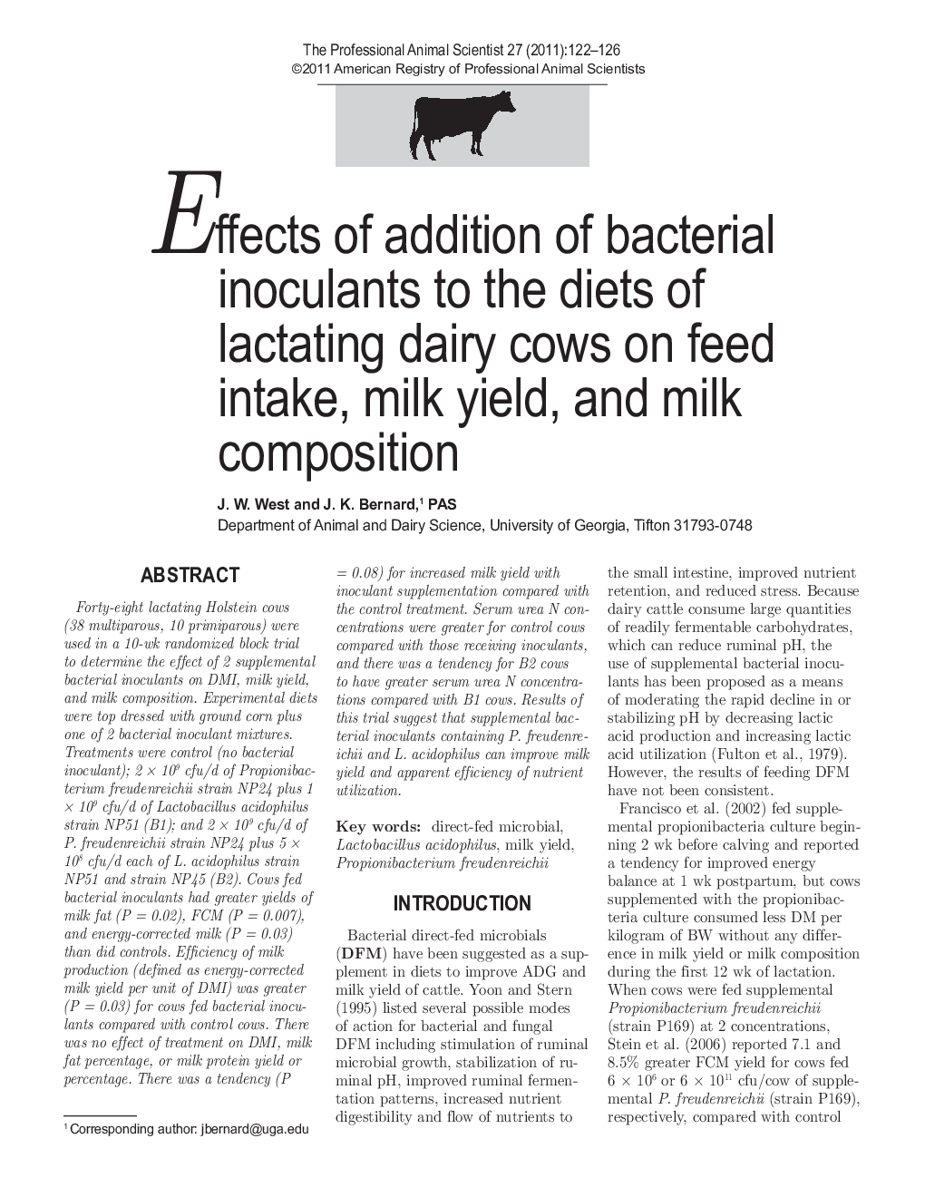 Effects of addition of bacterial inoculants to the diets of lactating dairy cows on feed intake, milk yield, and milk composition