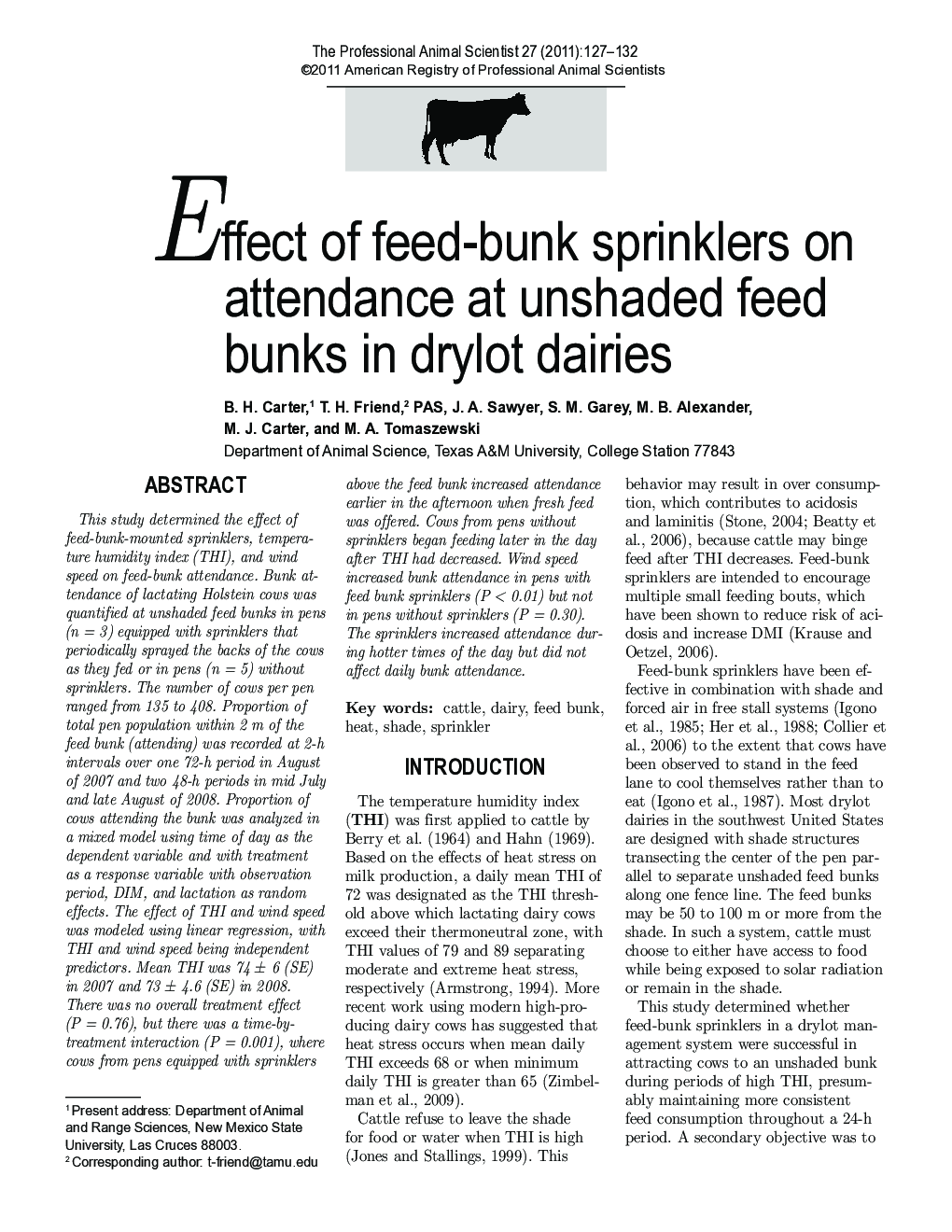 Effect of feed-bunk sprinklers on attendance at unshaded feed bunks in drylot dairies