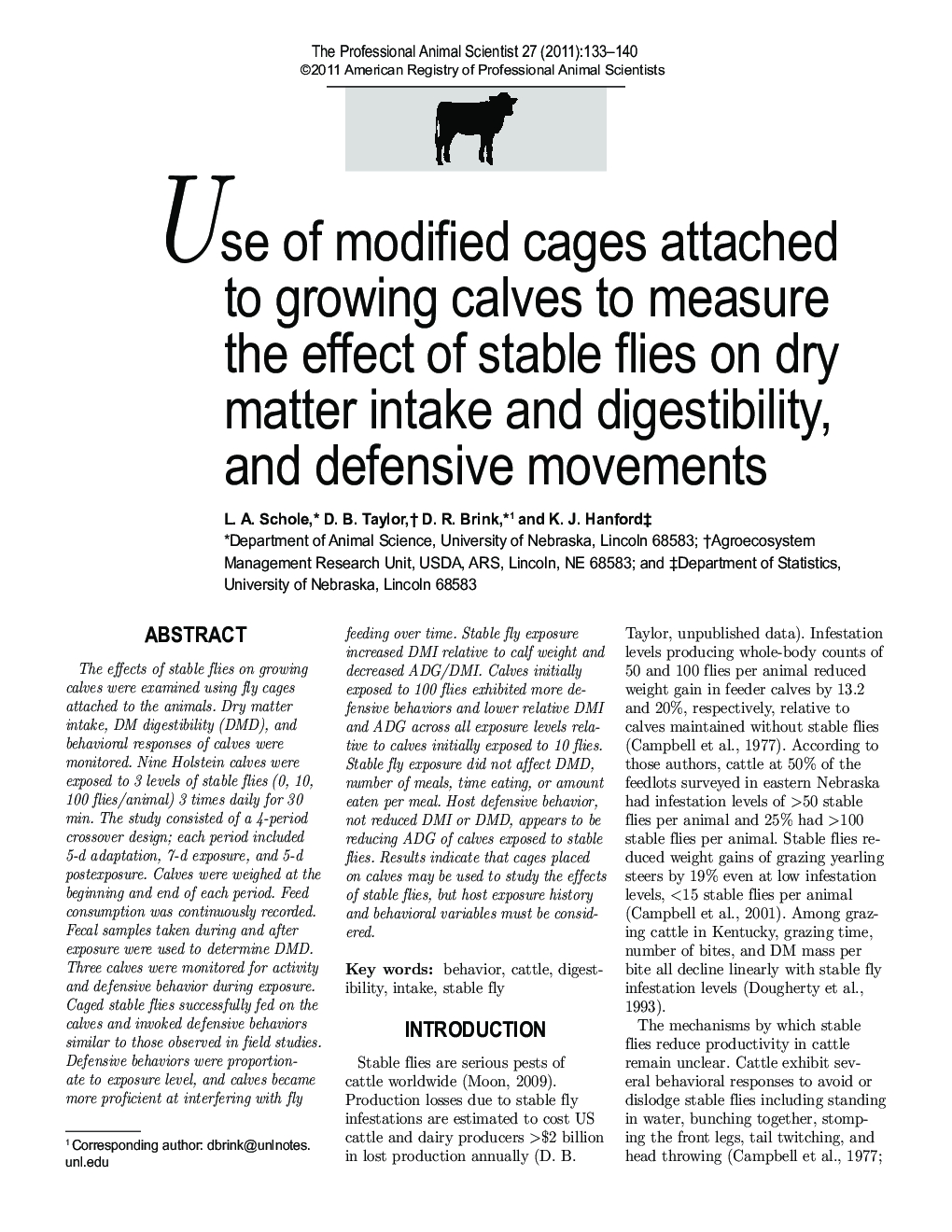 Use of modified cages attached to growing calves to measure the effect of stable flies on dry matter intake and digestibility, and defensive movements