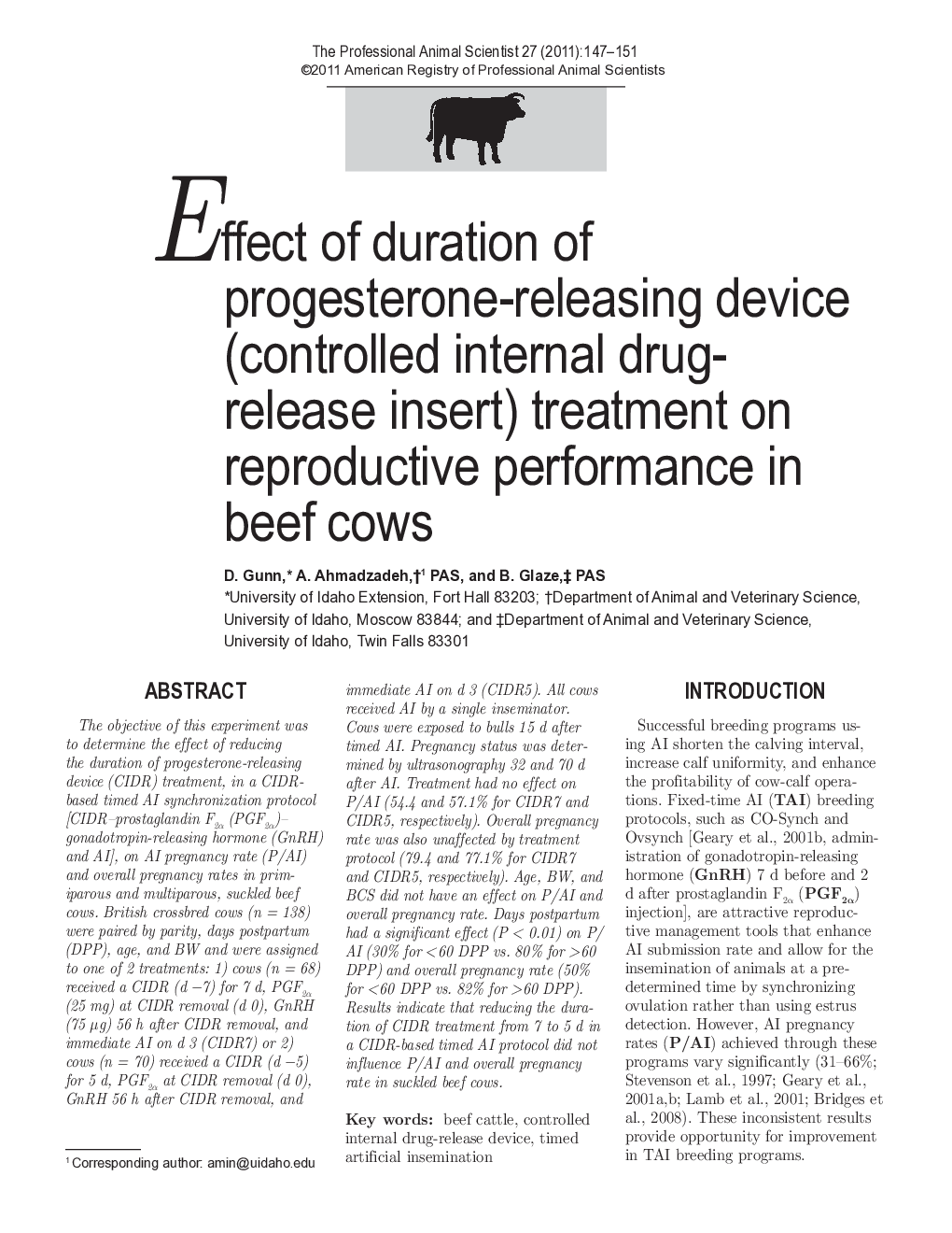 Effect of duration of progesterone-releasing device (controlled internal drug-release insert) treatment on reproductive performance in beef cows