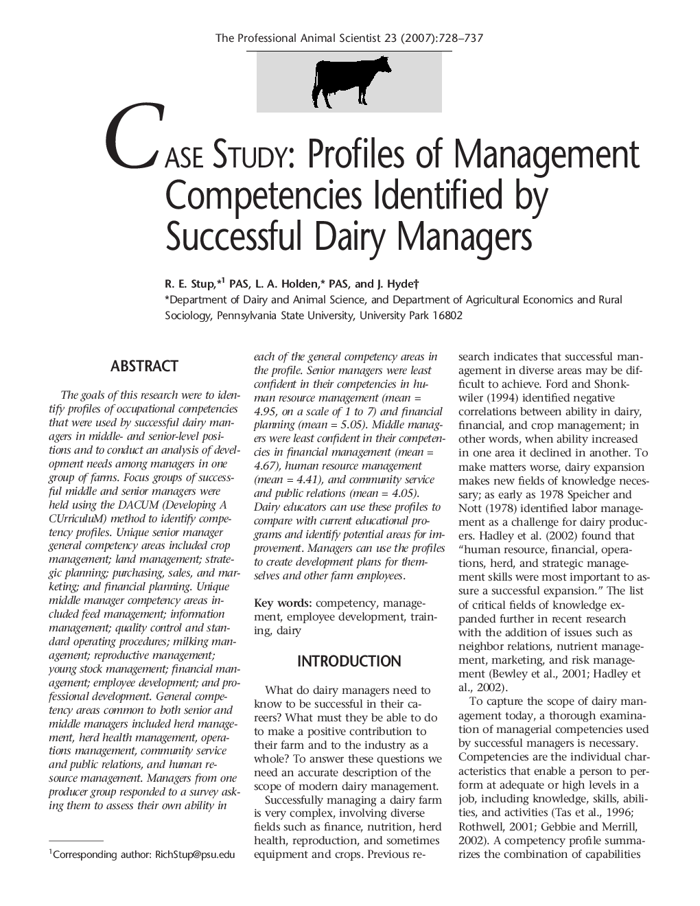 Profiles of Management Competencies Identified by Successful Dairy Managers