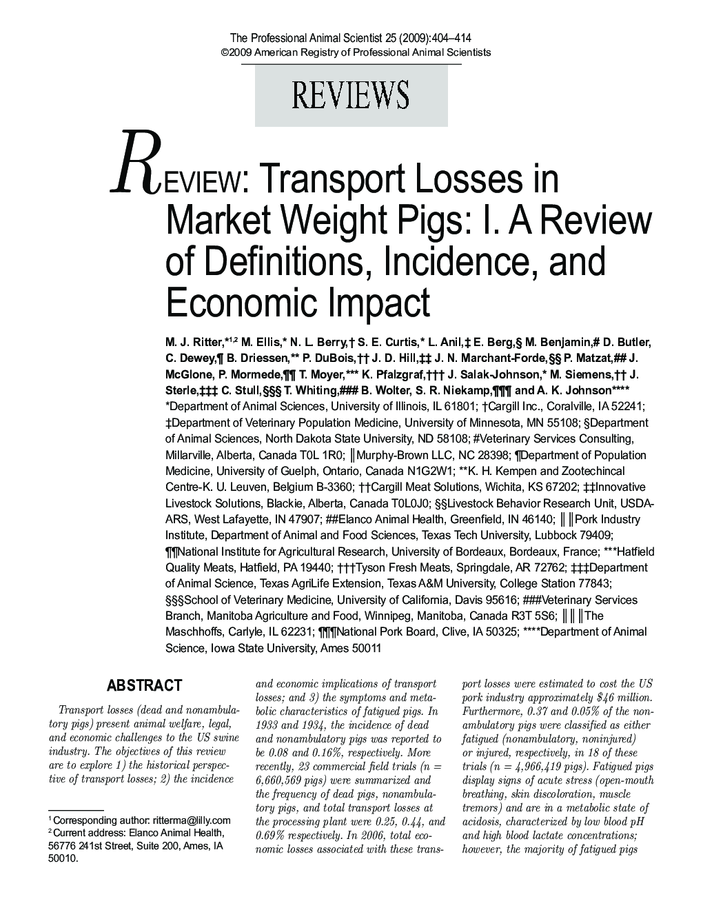 Review:Transport Losses in Market Weight Pigs: I. A Review of Definitions, Incidence, and Economic Impact