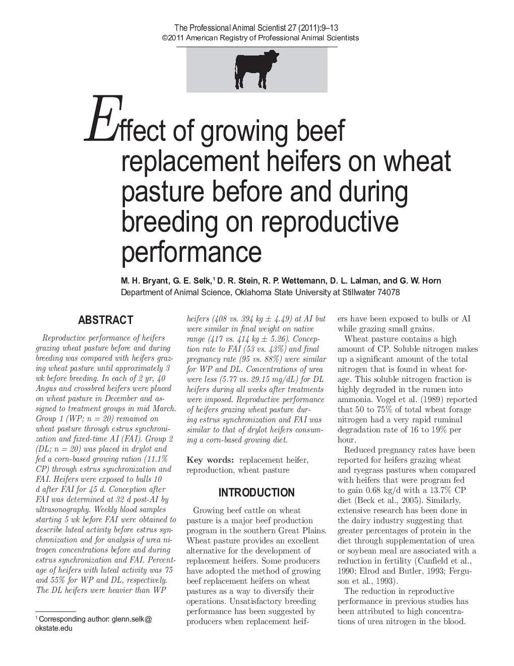 Effect of growing beef replacement heifers on wheat pasture before and during breeding on reproductive performance
