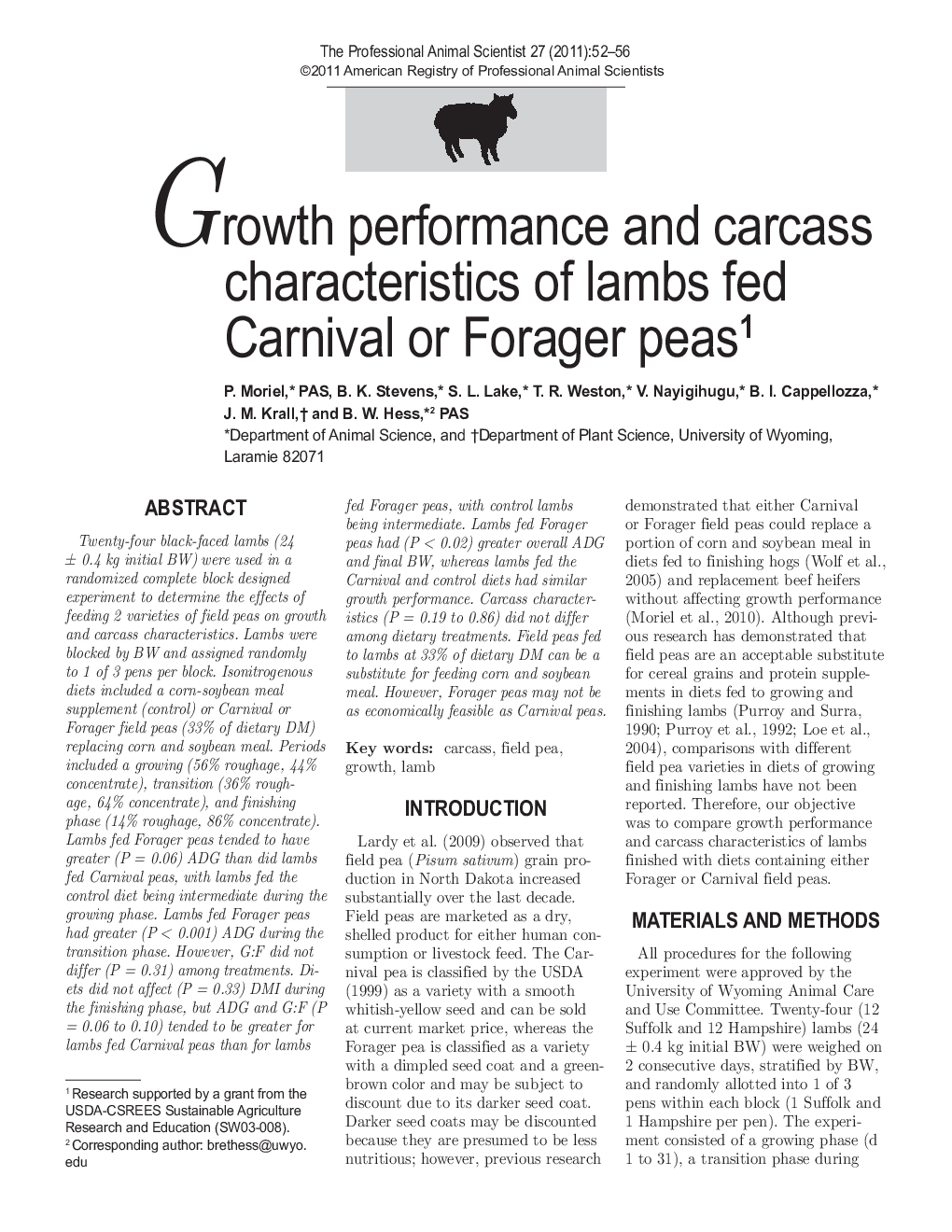 Growth performance and carcass characteristics of lambs fed Carnival or Forager peas1