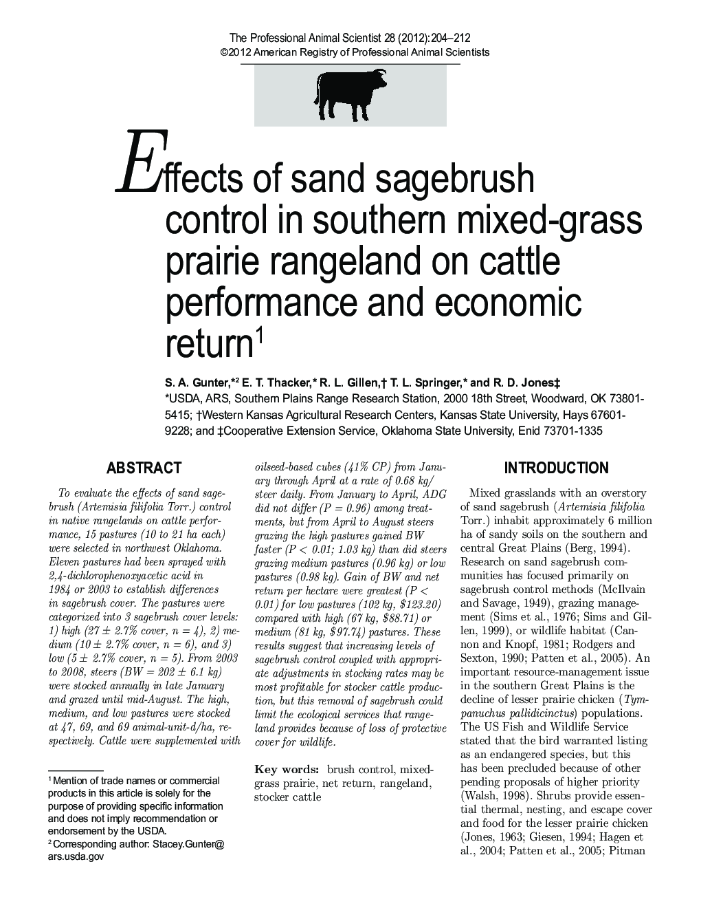 Effects of sand sagebrush control in southern mixed-grass prairie rangeland on cattle performance and economic return1