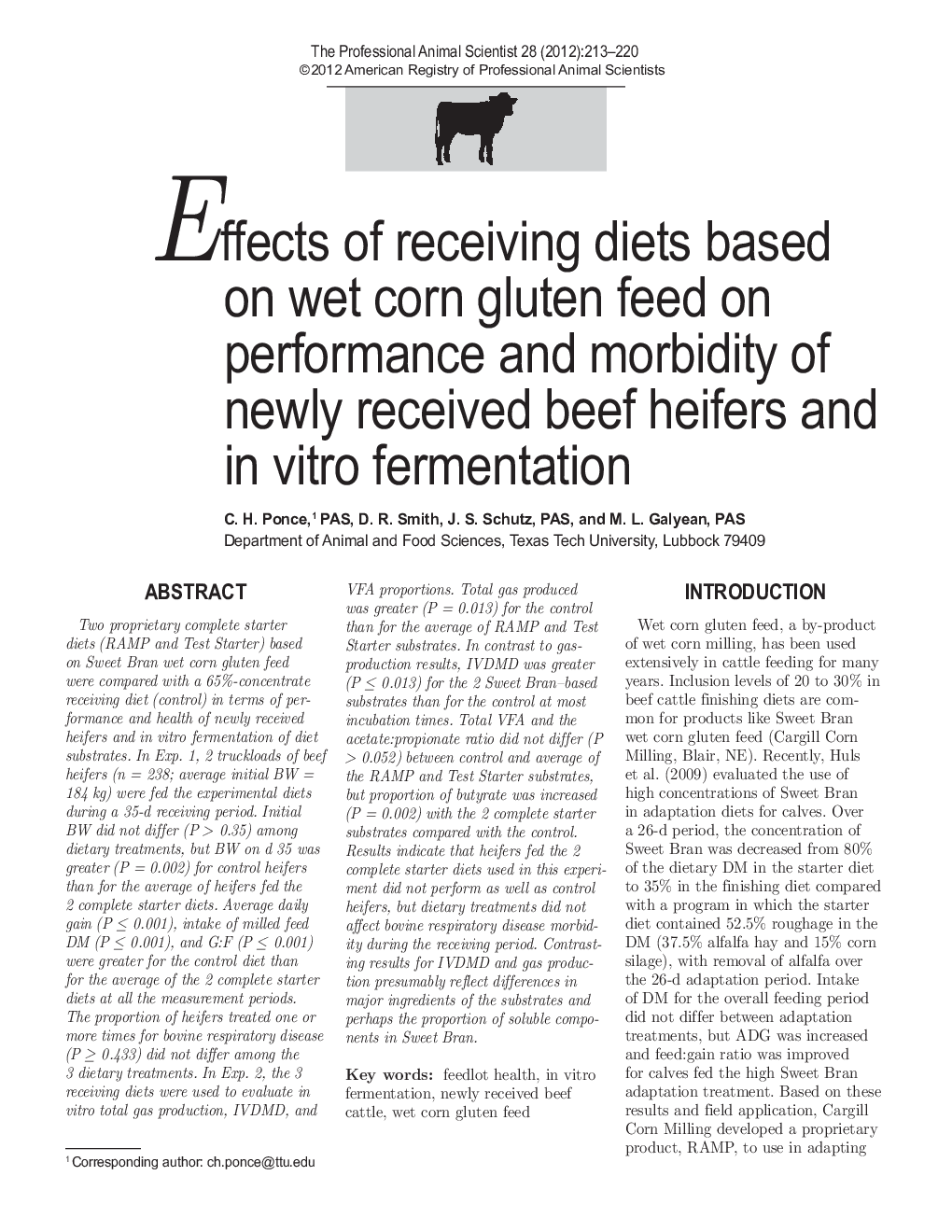 Effects of receiving diets based on wet corn gluten feed on performance and morbidity of newly received beef heifers and in vitro fermentation