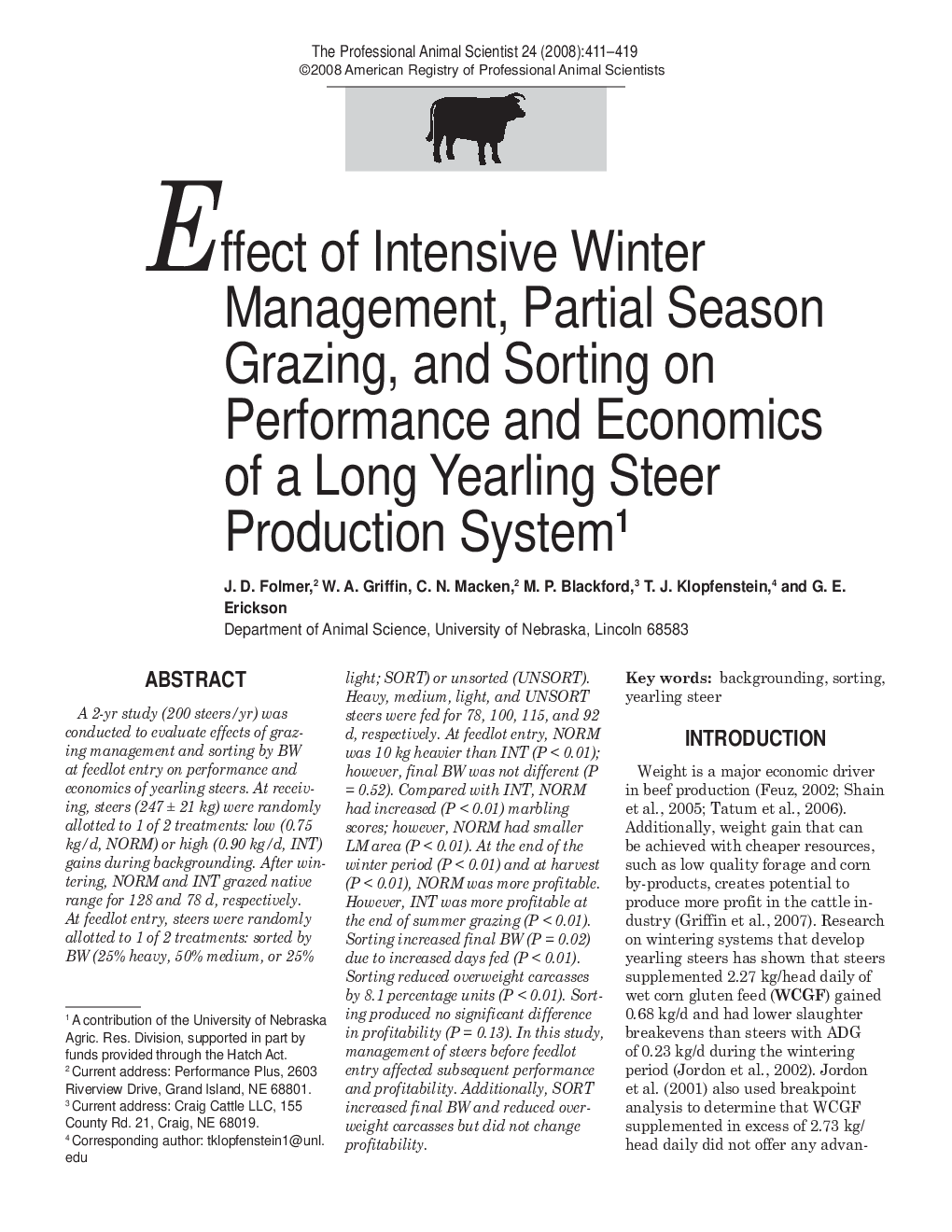 Effect of Intensive Winter Management, Partial Season Grazing, and Sorting on Performance and Economics of a Long Yearling Steer Production System1