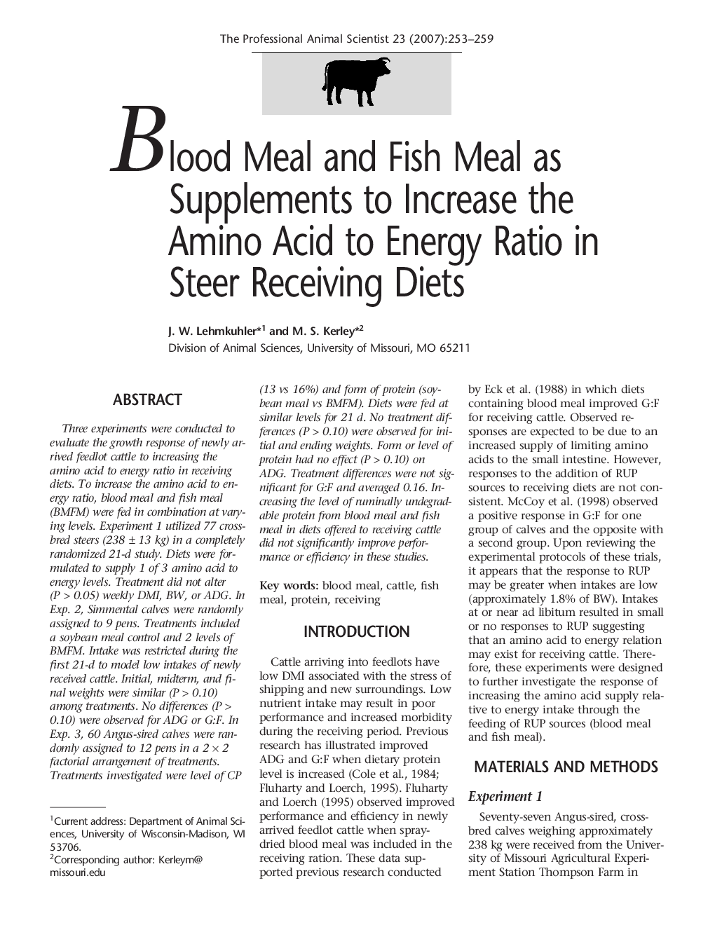 Blood Meal and Fish Meal as Supplements to Increase the Amino Acid to Energy Ratio in Steer Receiving Diets