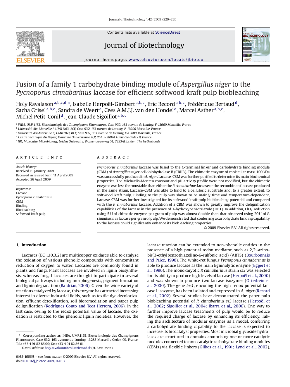 Fusion of a family 1 carbohydrate binding module of Aspergillus niger to the Pycnoporus cinnabarinus laccase for efficient softwood kraft pulp biobleaching