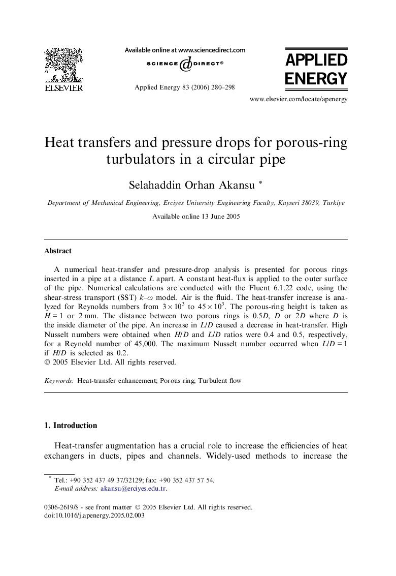 Heat transfers and pressure drops for porous-ring turbulators in a circular pipe