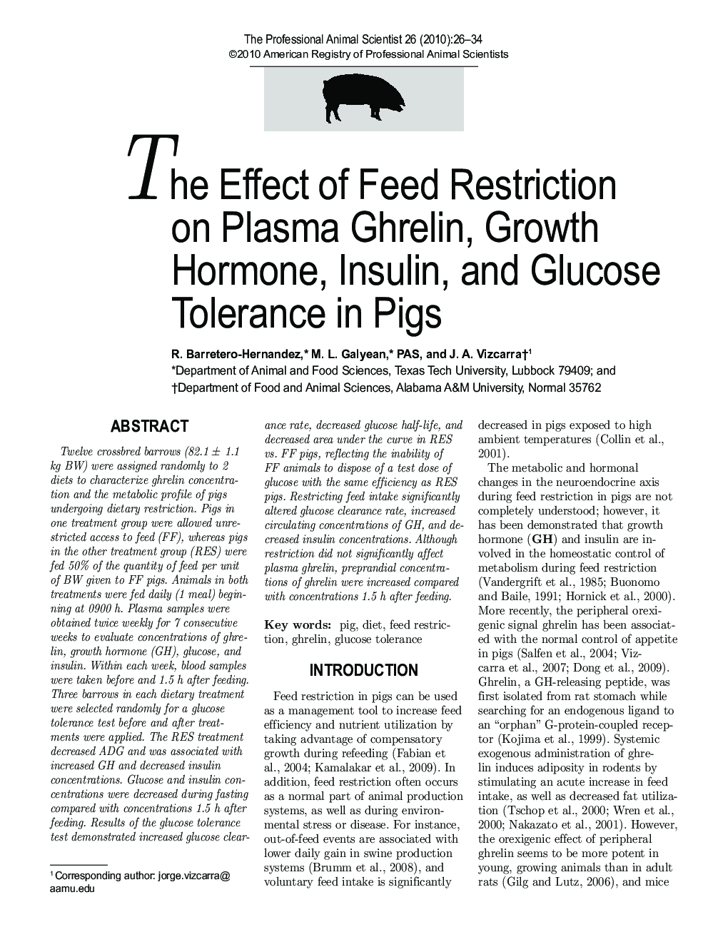 The Effect of Feed Restriction on Plasma Ghrelin, Growth Hormone, Insulin, and Glucose Tolerance in Pigs