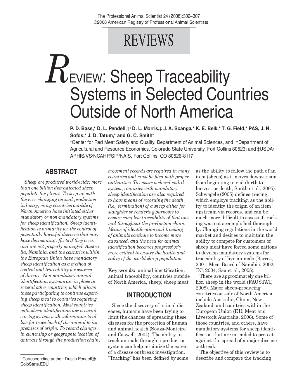 Review: Sheep Traceability Systems in Selected Countries Outside of North America