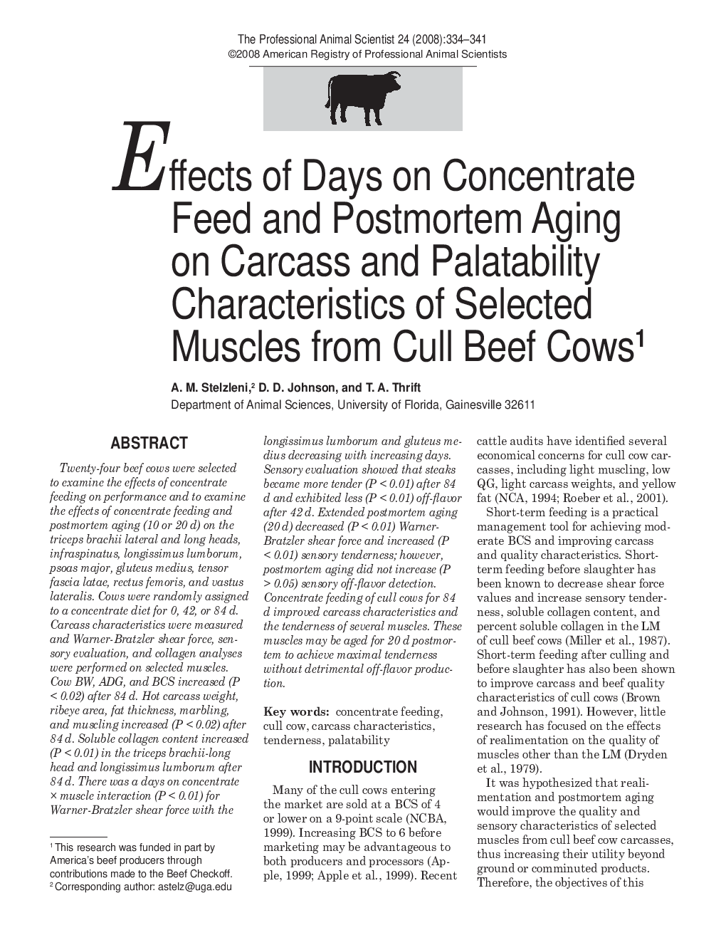 Effects of Days on Concentrate Feed and Postmortem Aging on Carcass and Palatability Characteristics of Selected Muscles from Cull Beef Cows1