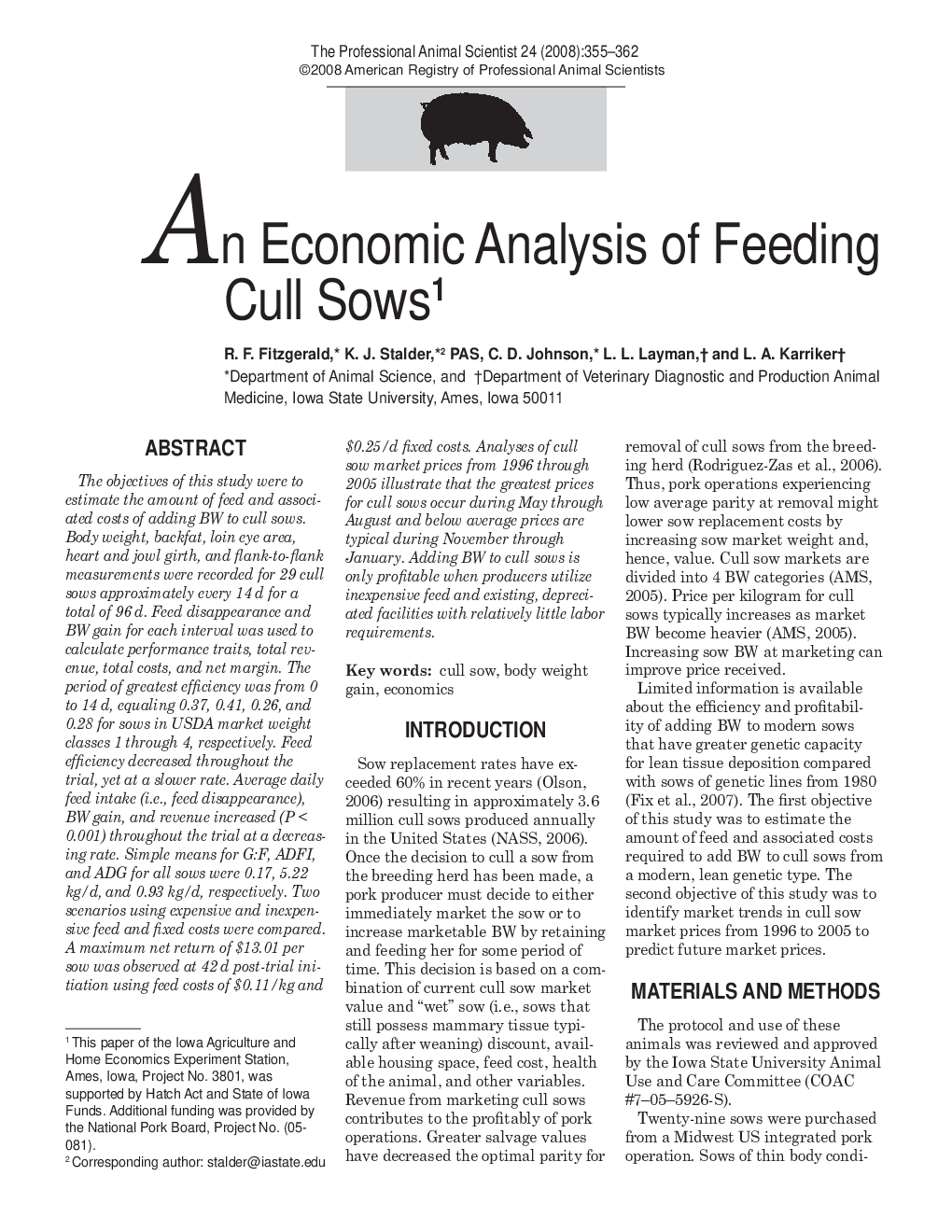 An Economic Analysis of Feeding Cull Sows1