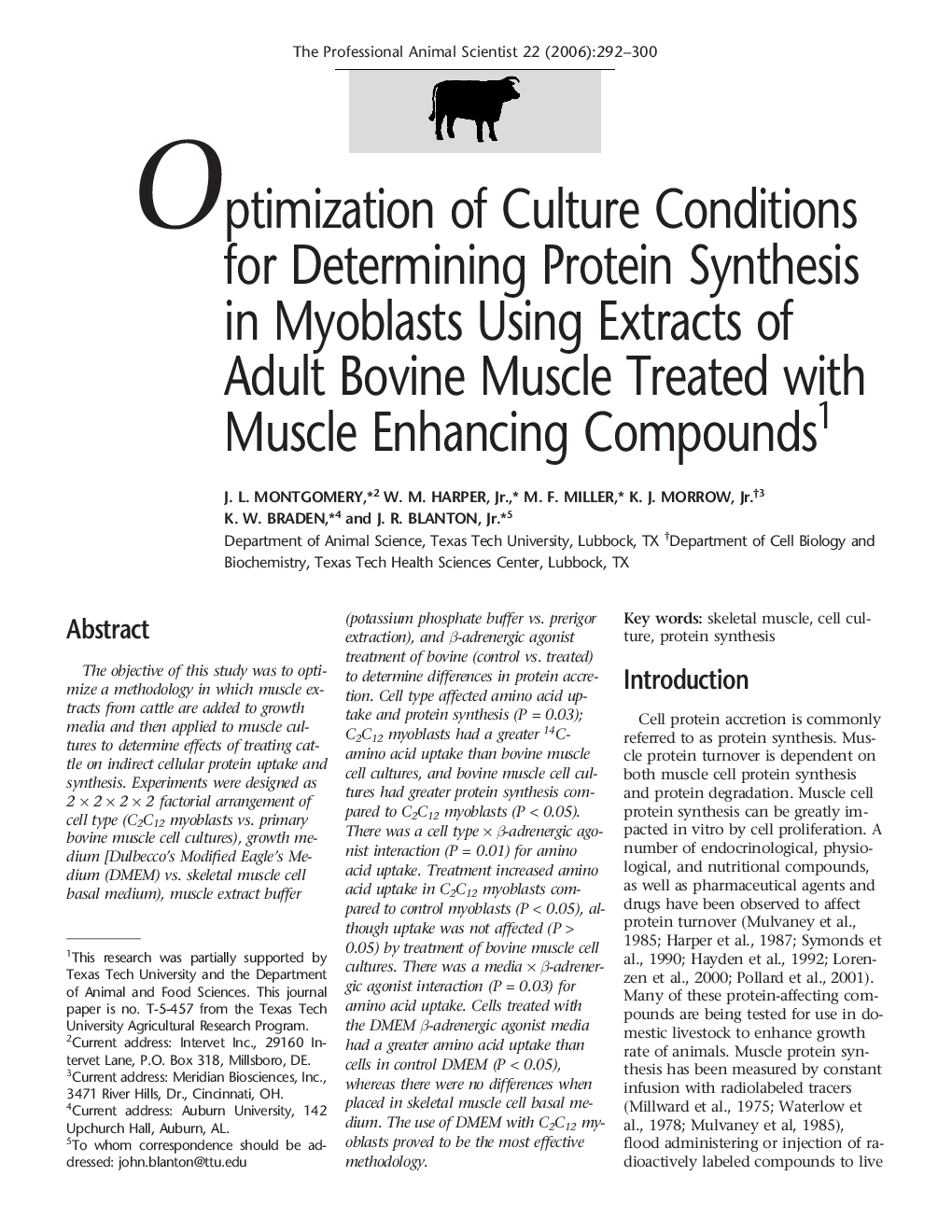 Optimization of Culture Conditions for Determining Protein Synthesis in Myoblasts Using Extracts of Adult Bovine Muscle Treated with Muscle Enhancing Compounds1