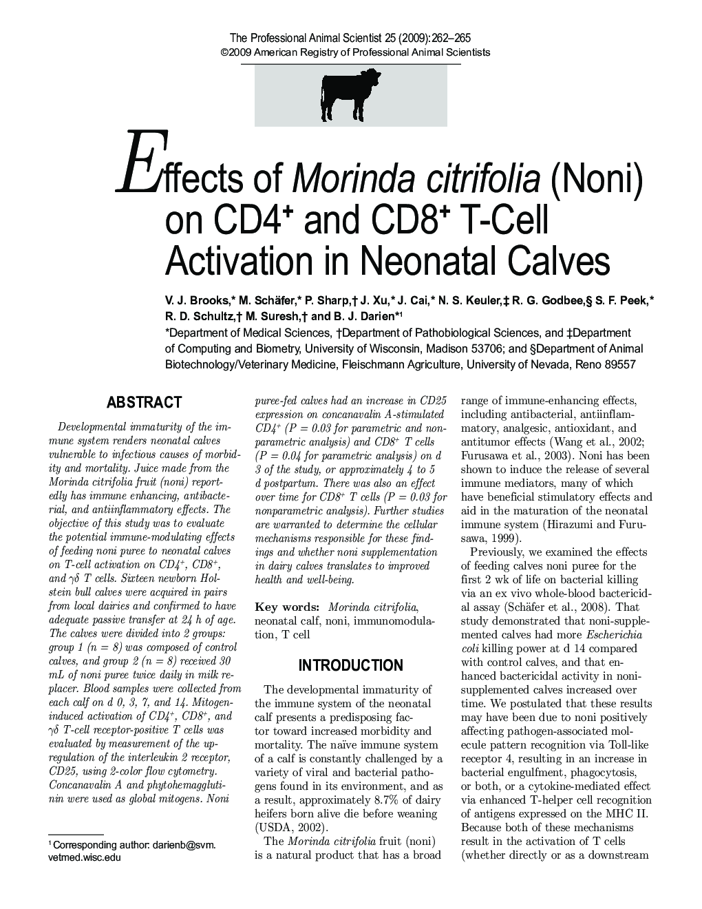 Effects of Morinda citrifolia (Noni) on CD4+ and CD8+ T-Cell Activation in Neonatal Calves