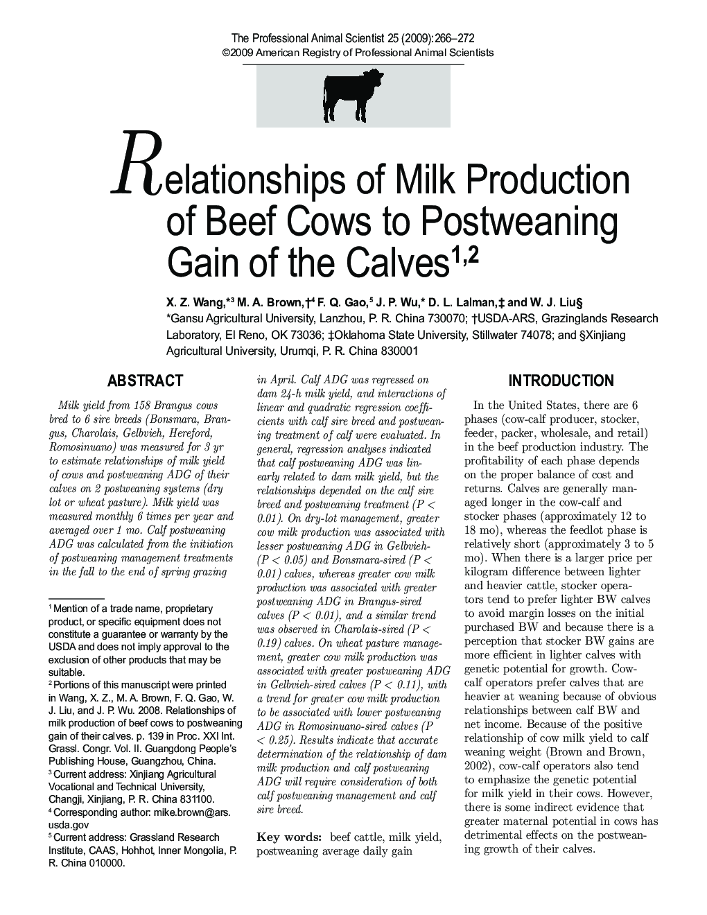 Relationships of Milk Production of Beef Cows to Postweaning Gain of the Calves12