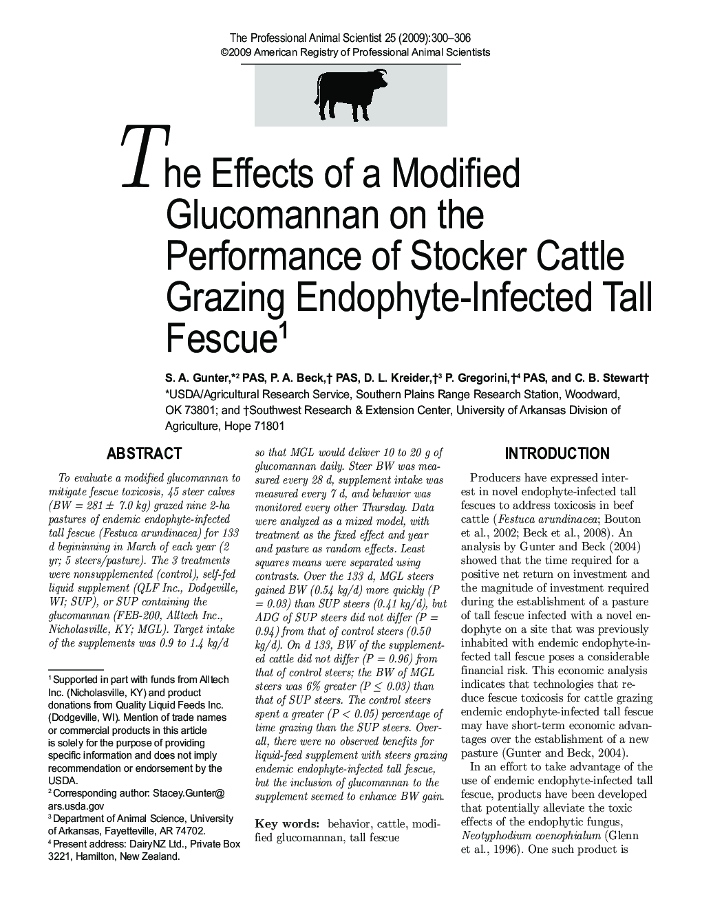 The Effects of a Modified Glucomannan on the Performance of Stocker Cattle Grazing Endophyte-Infected Tall Fescue1