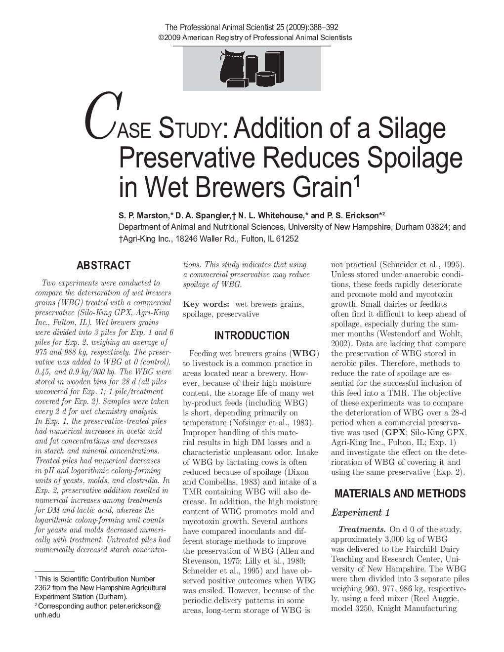 Addition of a Silage Preservative Reduces Spoilage in Wet Brewers Grain1