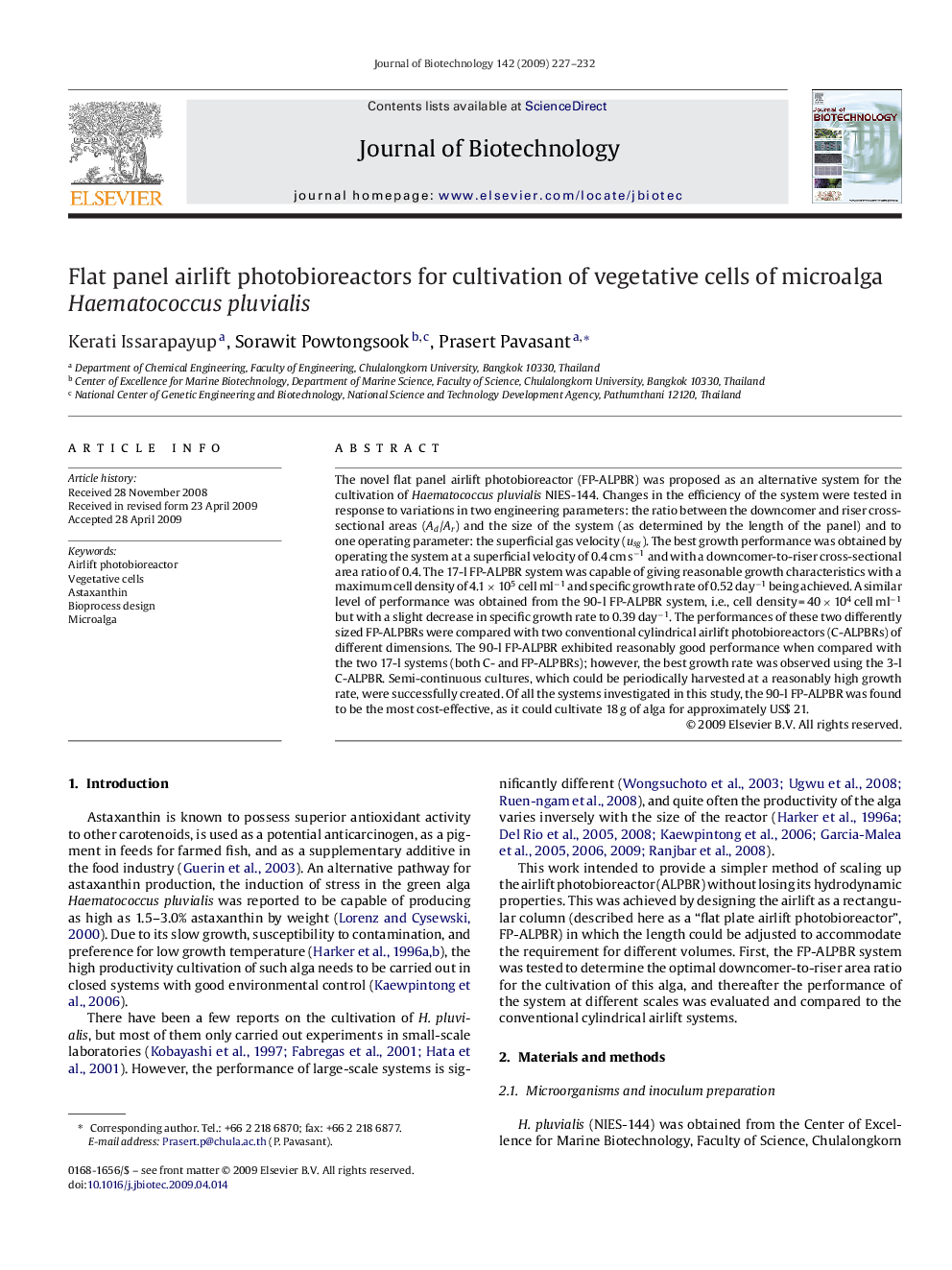 عکس صفحه اول مقاله: Flat panel airlift photobioreactors for cultivation of vegetative cells of microalga Haematococcus pluvialis Flat panel airlift photobioreactors for cultivation of vegetative cells of microalga Haematococcus pluvialis