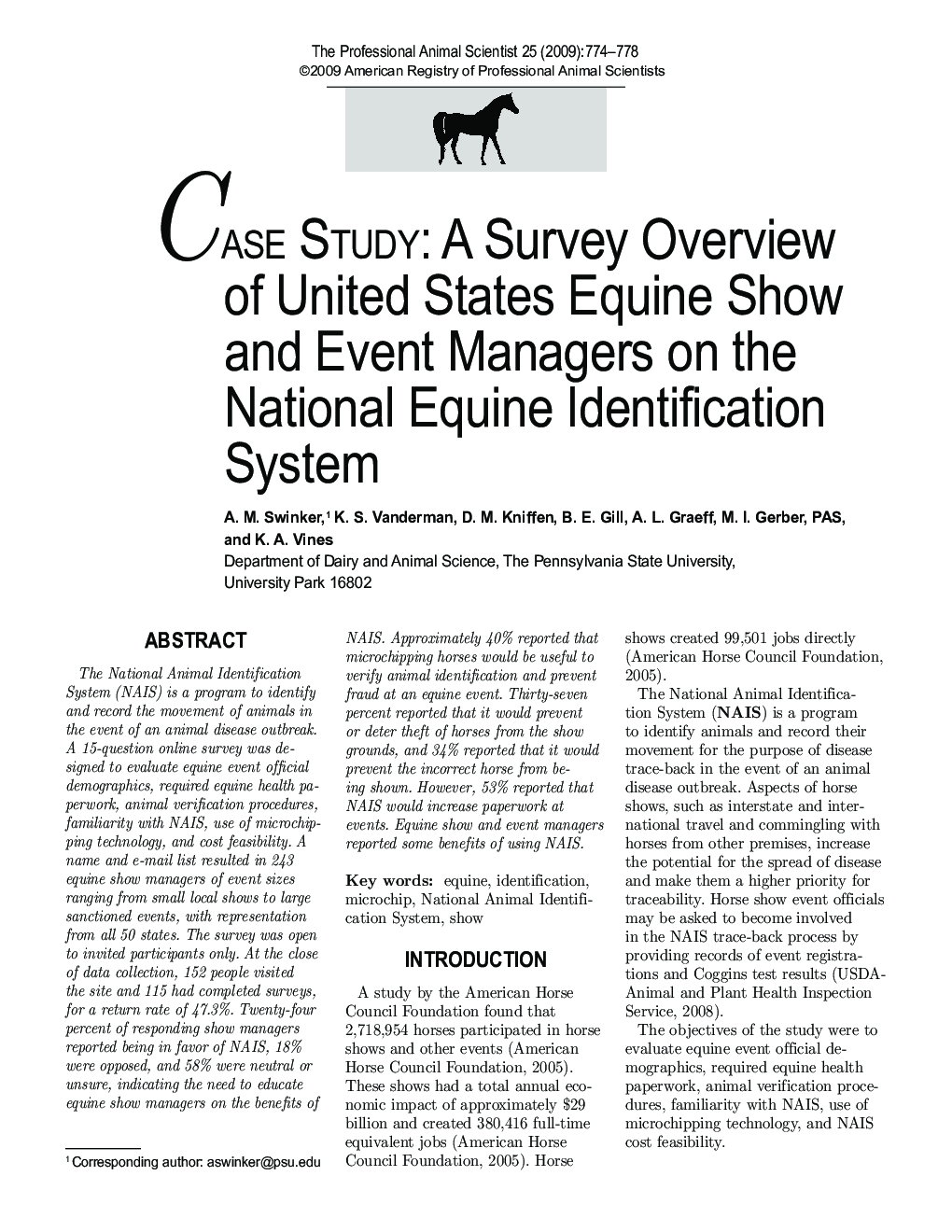 A Survey Overview of United States Equine Show and Event Managers on the National Equine Identification System