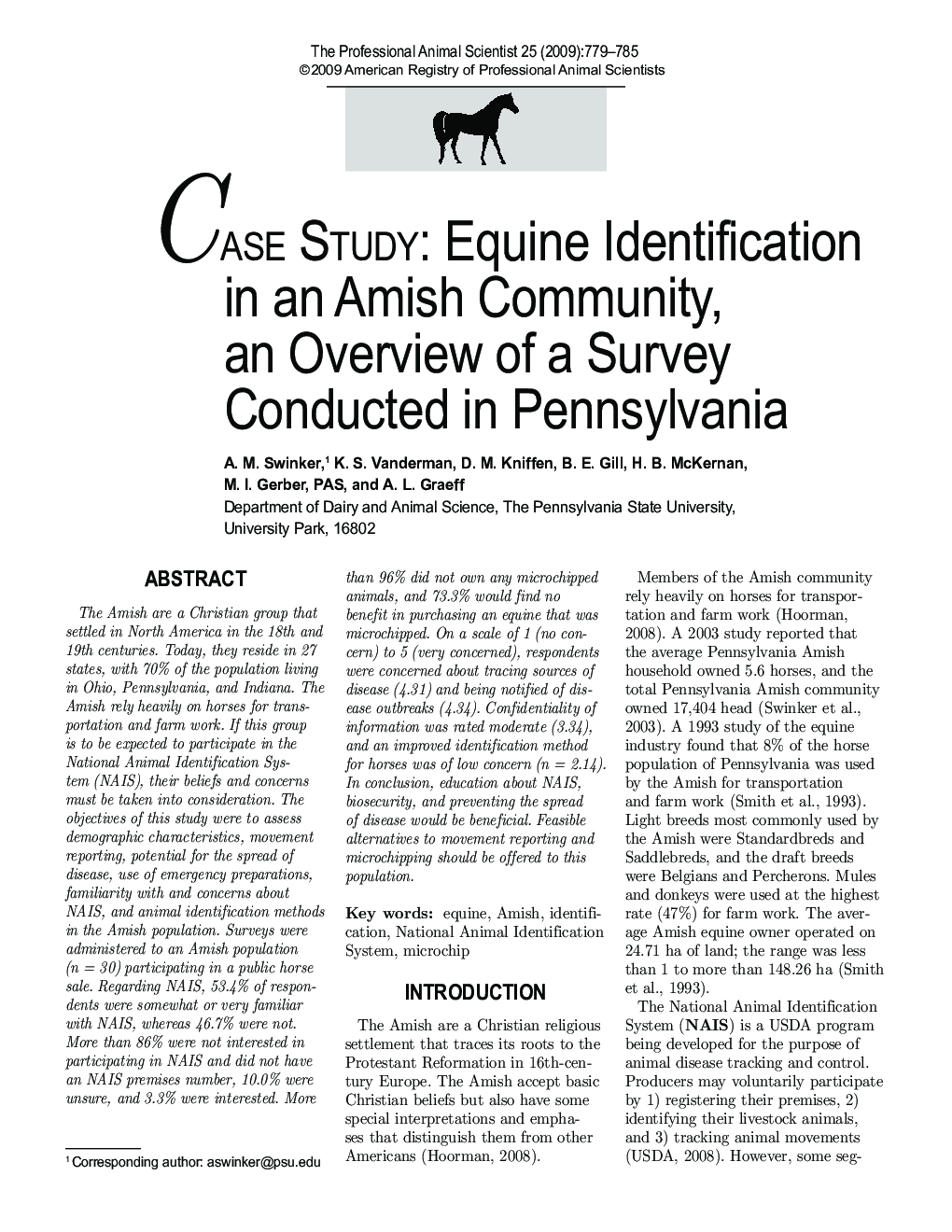 Equine Identification in an Amish Community, an Overview of a Survey Conducted in Pennsylvania