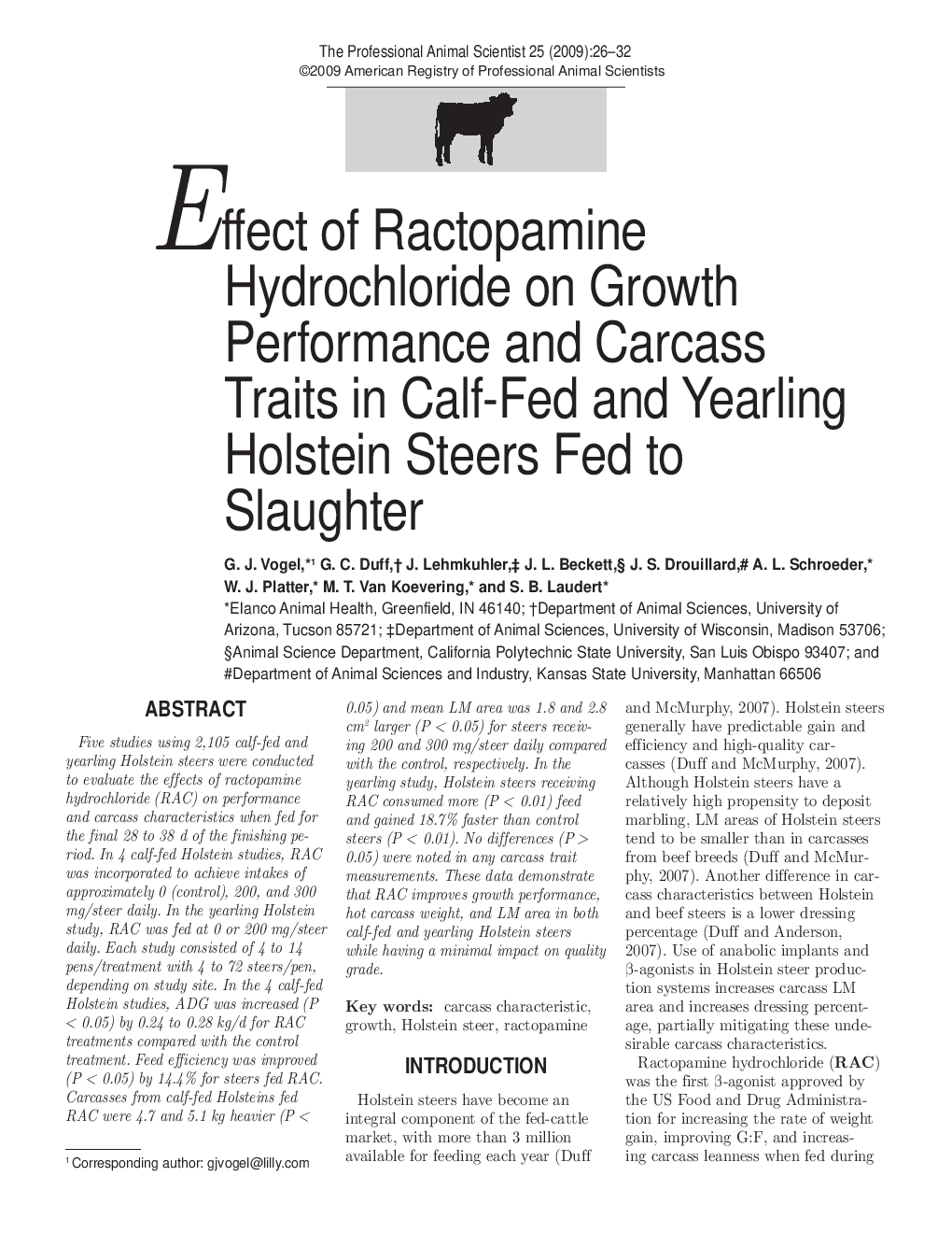 Effect of Ractopamine Hydrochloride on Growth Performance and Carcass Traits in Calf-Fed and Yearling Holstein Steers Fed to Slaughter