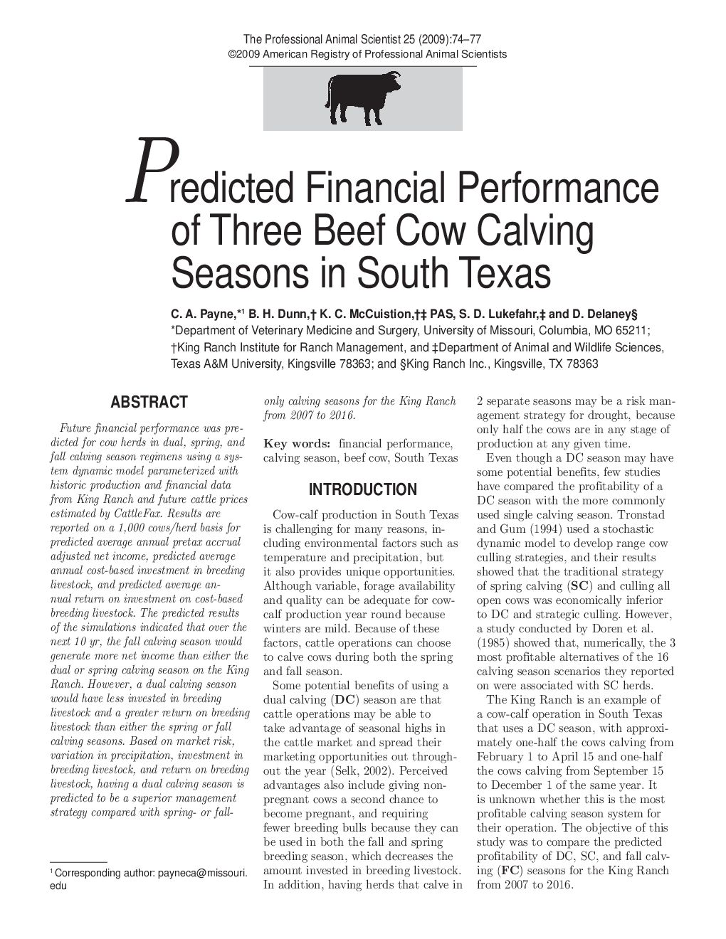 Predicted Financial Performance of Three Beef Cow Calving Seasons in South Texas