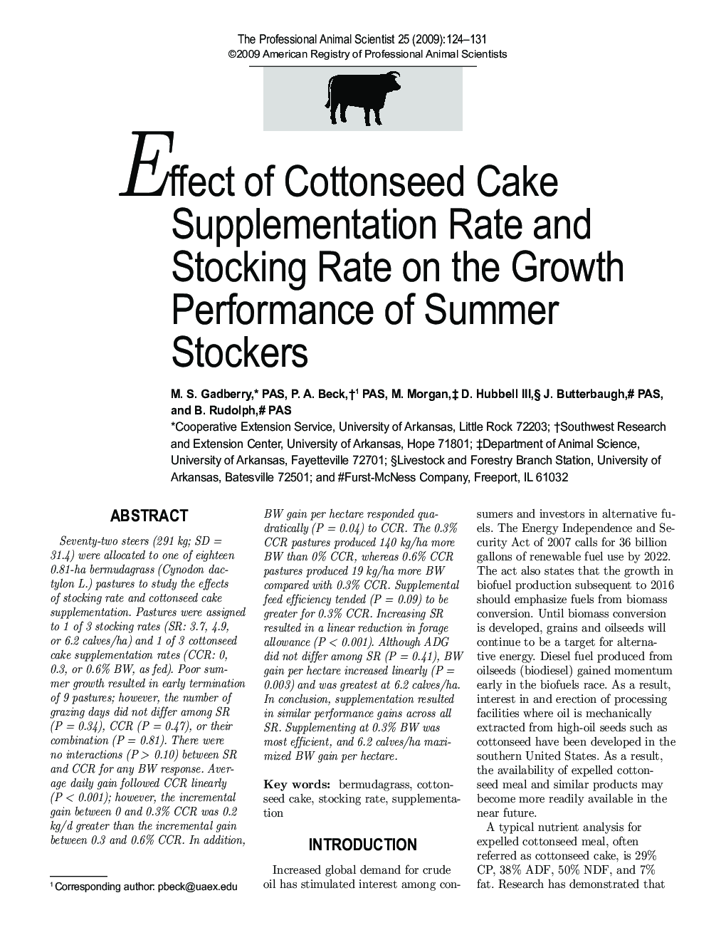 Effect of Cottonseed Cake Supplementation Rate and Stocking Rate on the Growth Performance of Summer Stockers