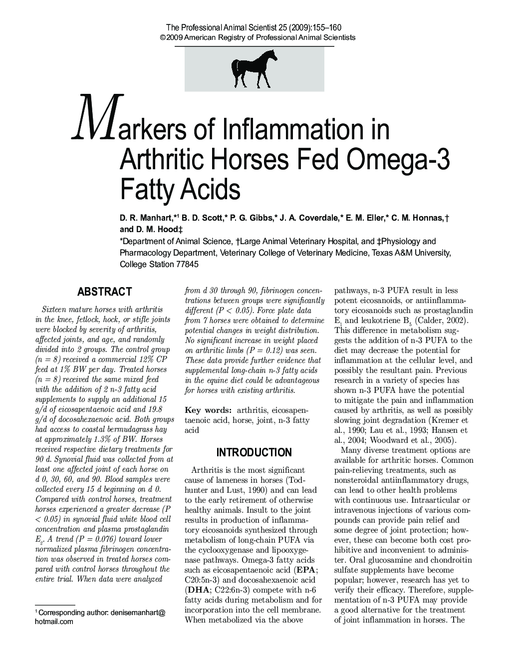 Markers of Inflammation in Arthritic Horses Fed Omega-3 Fatty Acids