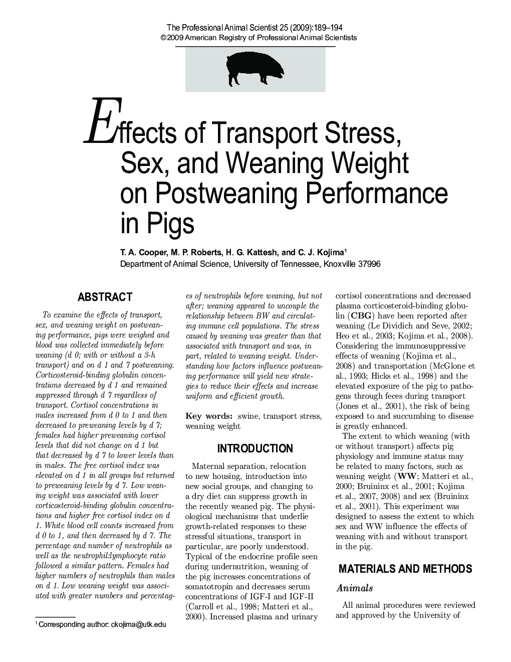 Effects of Transport Stress, Sex, and Weaning Weight on Postweaning Performance in Pigs