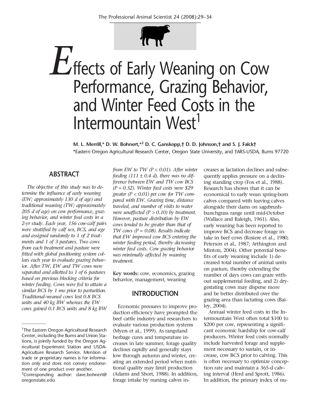 Effects of Early Weaning on Cow Performance, Grazing Behavior, and Winter Feed Costs in the Intermountain West1