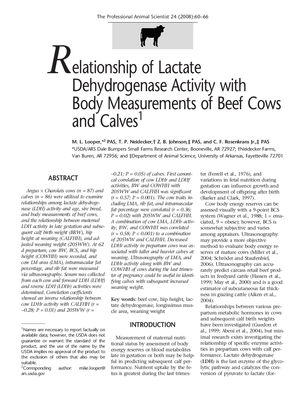 Relationship of Lactate Dehydrogenase Activity with Body Measurements of Beef Cows and Calves1