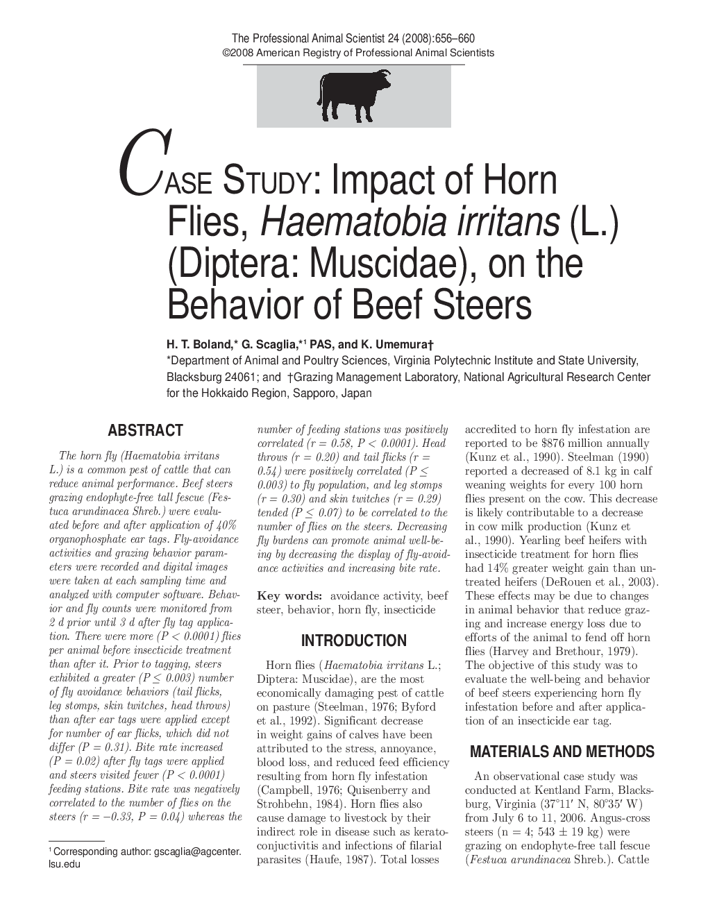 عکس صفحه اول مقاله: Impact of Horn Flies, Haematobia irritans (L.) (Diptera: Muscidae), on the Behavior of Beef Steers Impact of Horn Flies, Haematobia irritans (L.) (Diptera: Muscidae), on the Behavior of Beef Steers