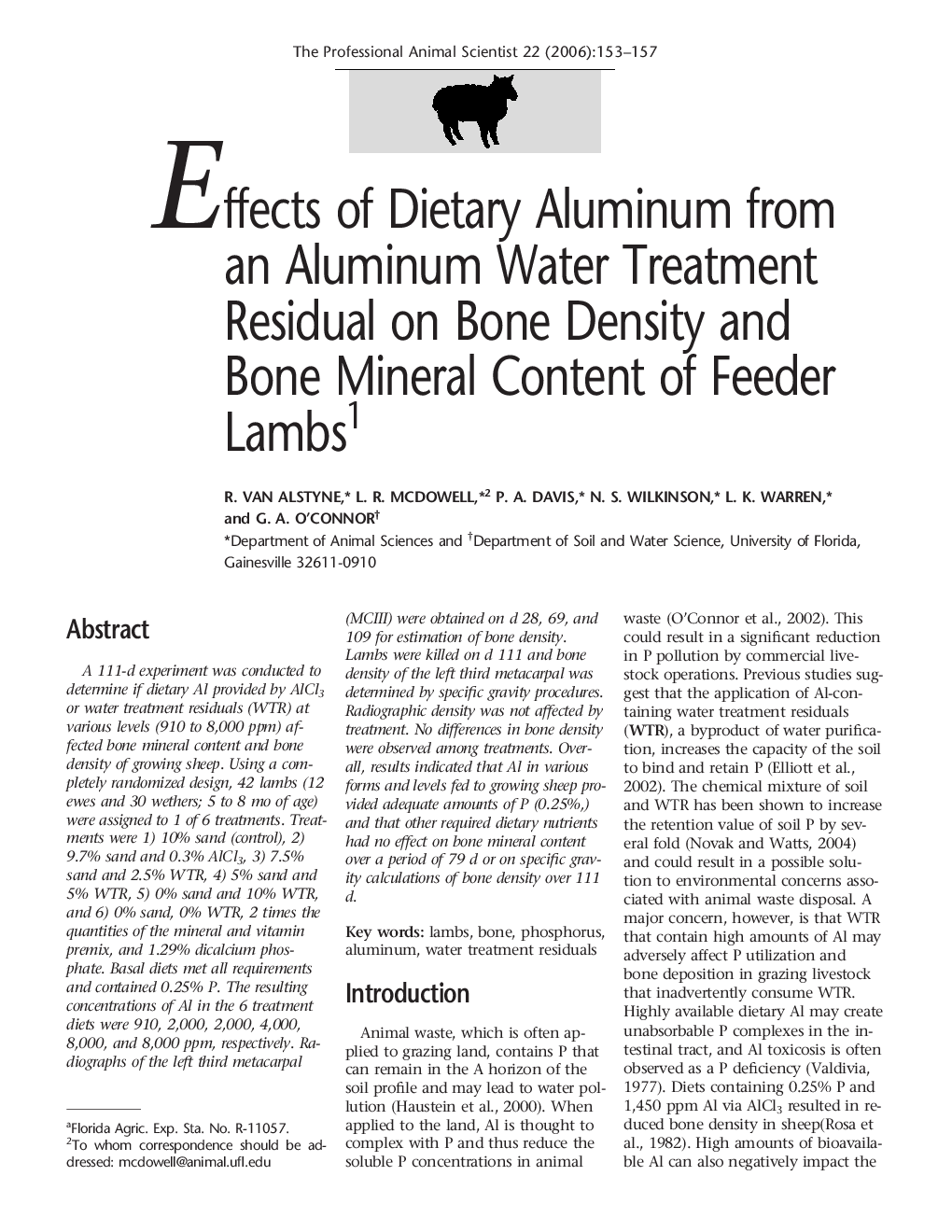 Effects of Dietary Aluminum from an Aluminum Water Treatment Residual on Bone Density and Bone Mineral Content of Feeder Lambs1