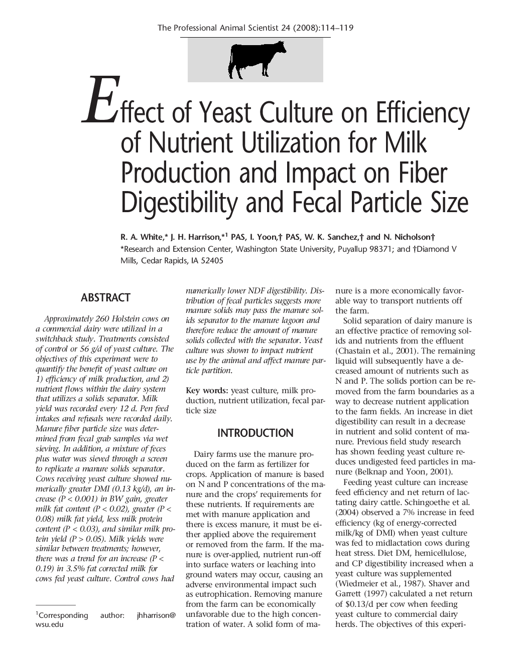 Effect of Yeast Culture on Efficiency of Nutrient Utilization for Milk Production and Impact on Fiber Digestibility and Fecal Particle Size