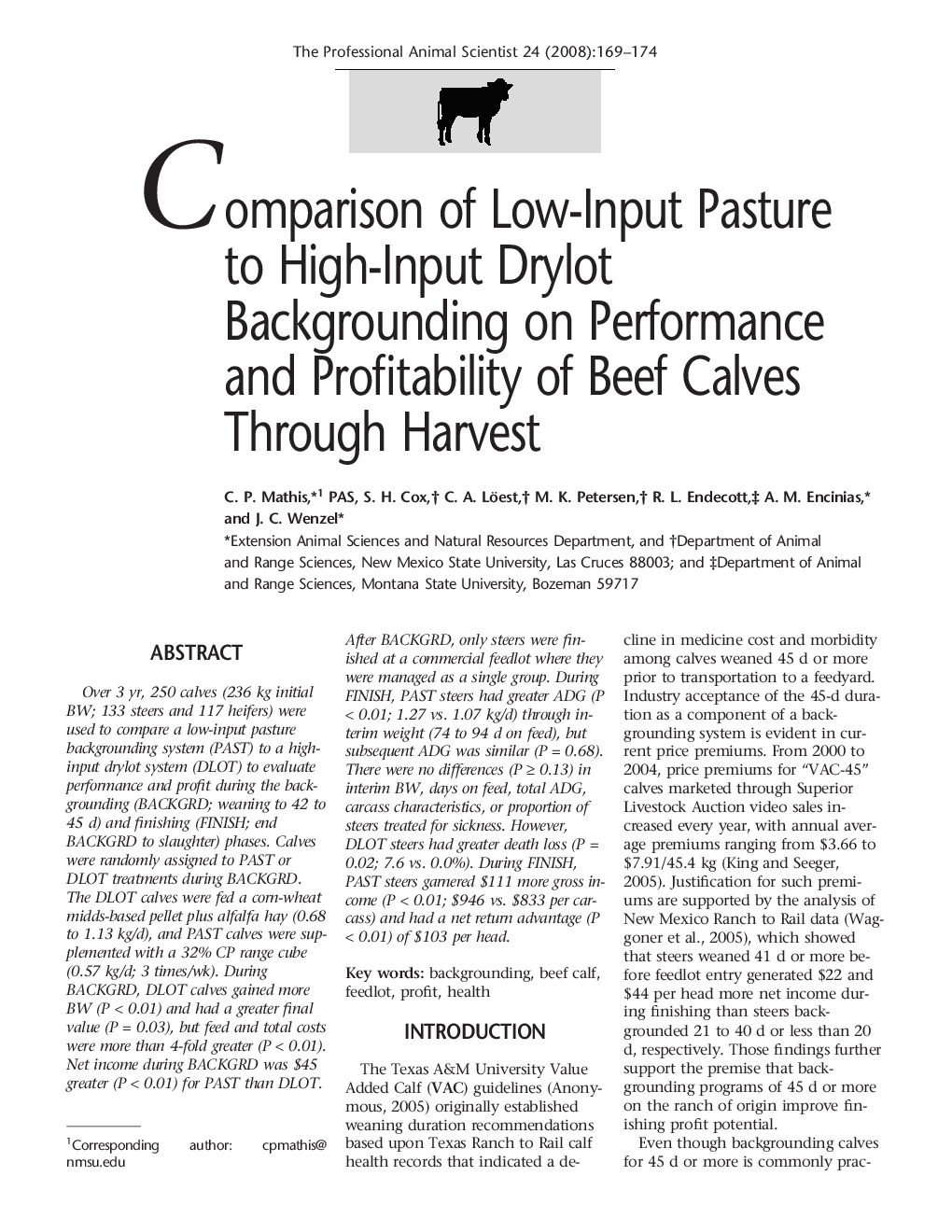 Comparison of Low-Input Pasture to High-Input Drylot Backgrounding on Performance and Profitability of Beef Calves Through Harvest