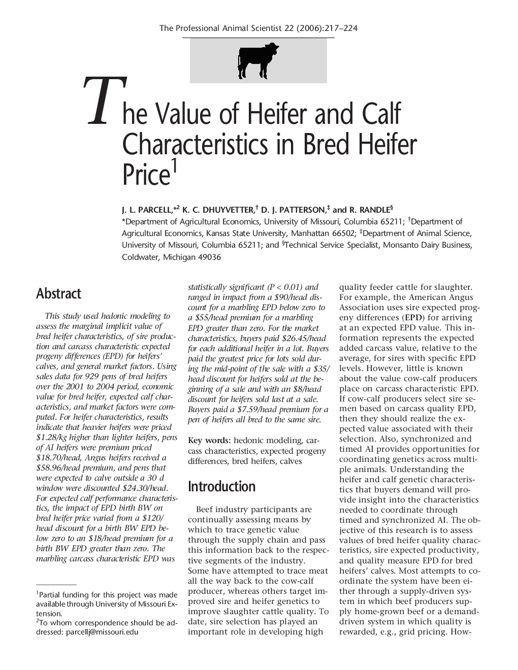 The Value of Heifer and Calf Characteristics in Bred Heifer Price1