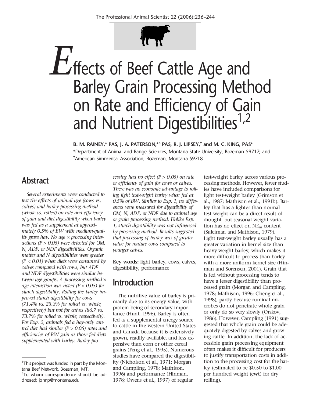 Effects of Beef Cattle Age and Barley Grain Processing Method on Rate and Efficiency of Gain and Nutrient Digestibilities1,2