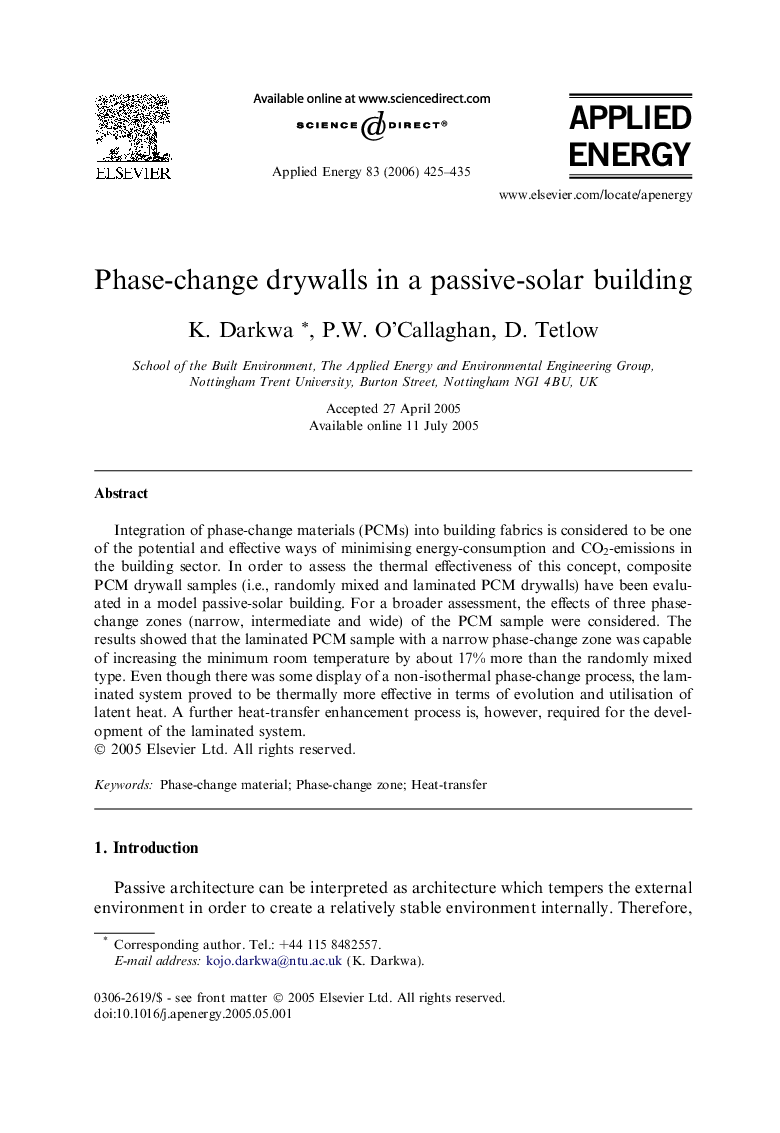 Phase-change drywalls in a passive-solar building