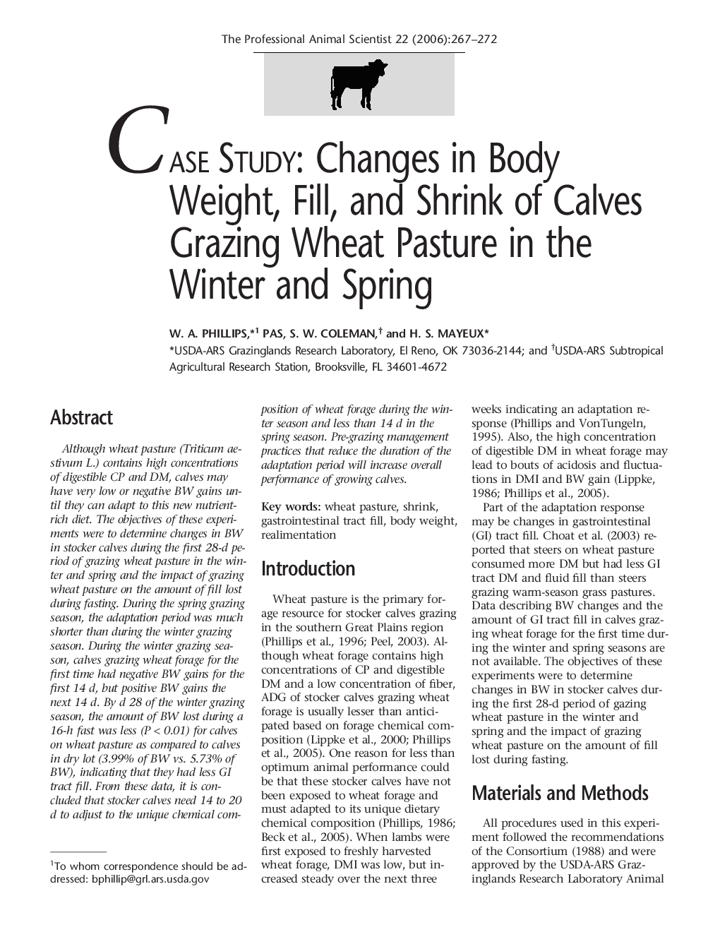 Changes in Body Weight, Fill, and Shrink of Calves Grazing Wheat Pasture in the Winter and Spring