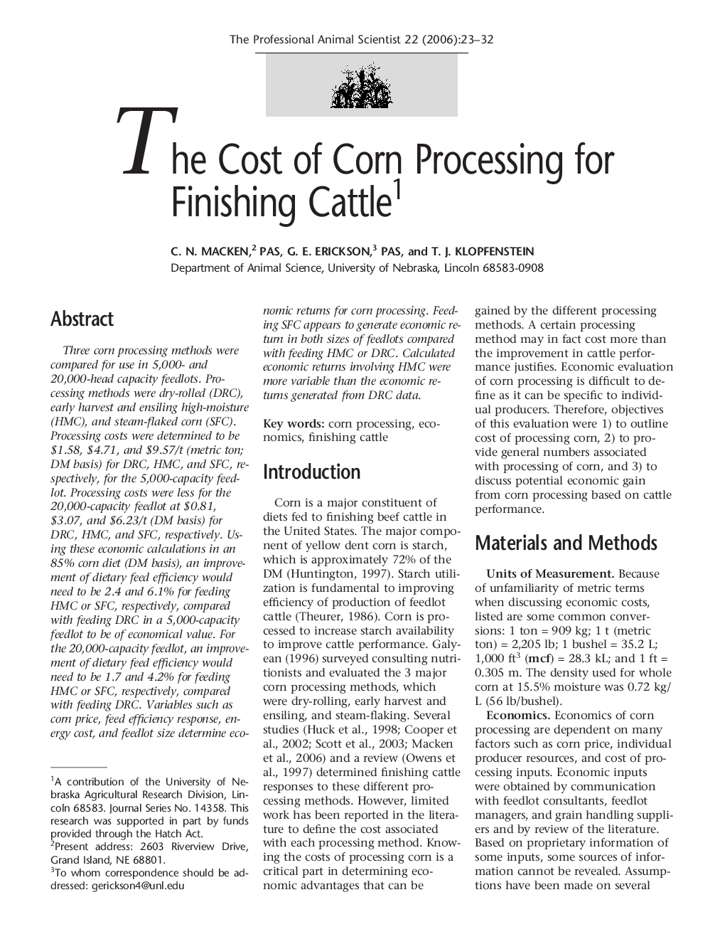 The Cost of Corn Processing for Finishing Cattle1