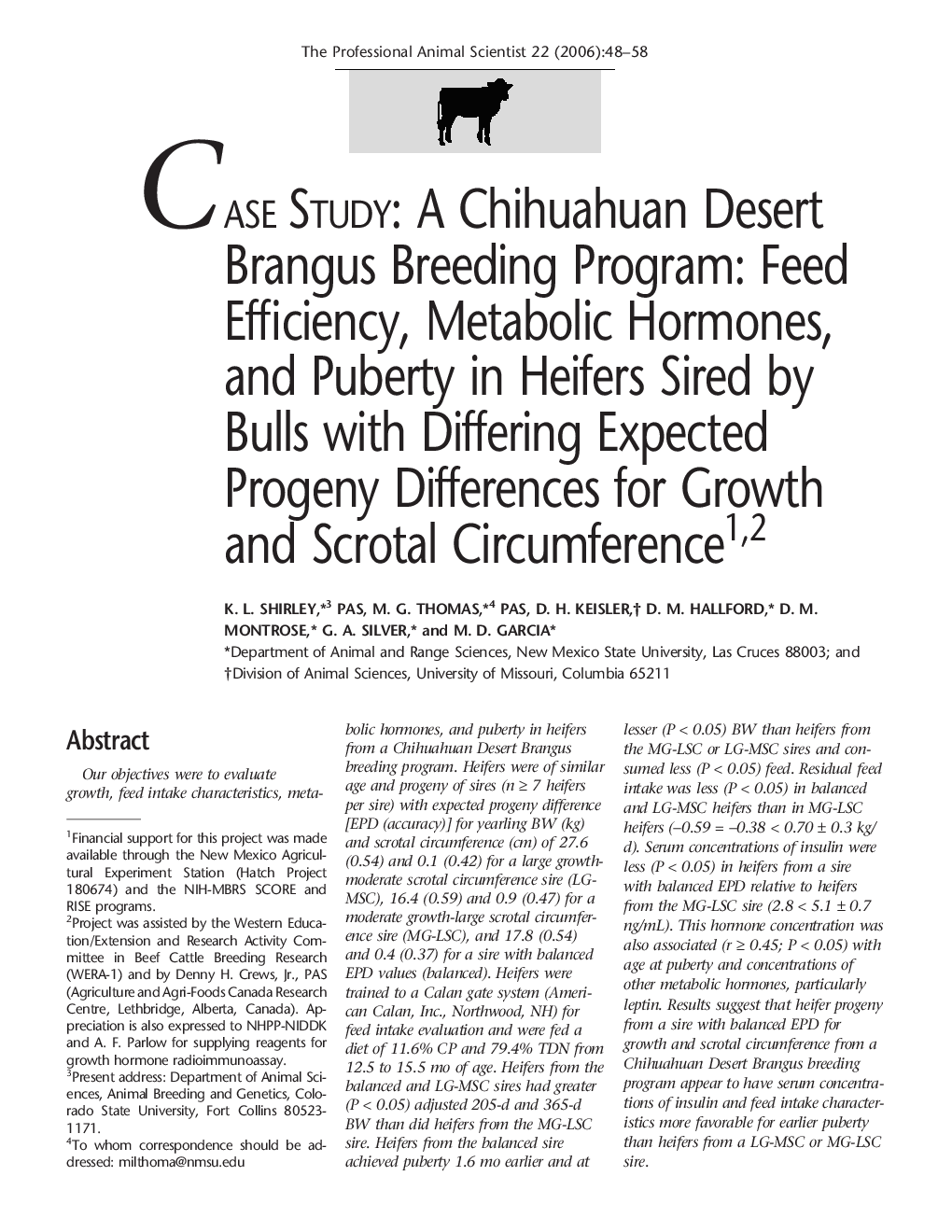 عکس صفحه اول مقاله: A Chihuahuan Desert Brangus Breeding Program: Feed Efficiency, Metabolic Hormones, and Puberty in Heifers Sired by Bulls with Differing Expected Progeny Differences for Growth and Scrotal Circumference12 A Chihuahuan Desert Brangus Breeding Program: Feed Efficiency, Metabolic Hormones, and Puberty in Heifers Sired by Bulls with Differing Expected Progeny Differences for Growth and Scrotal Circumference12