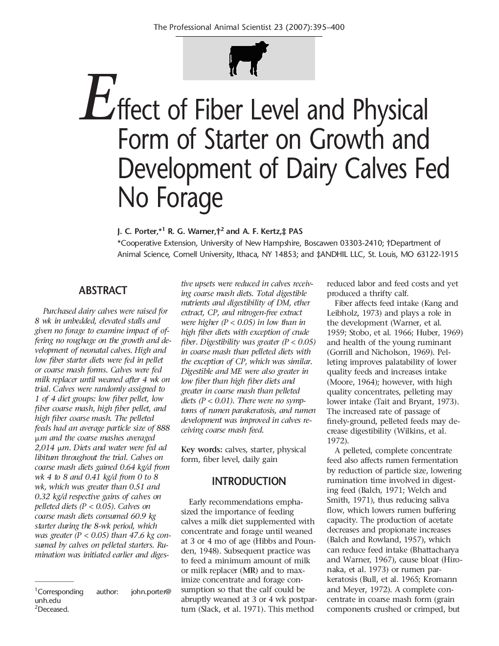 Effect of Fiber Level and Physical Form of Starter on Growth and Development of Dairy Calves Fed No Forage