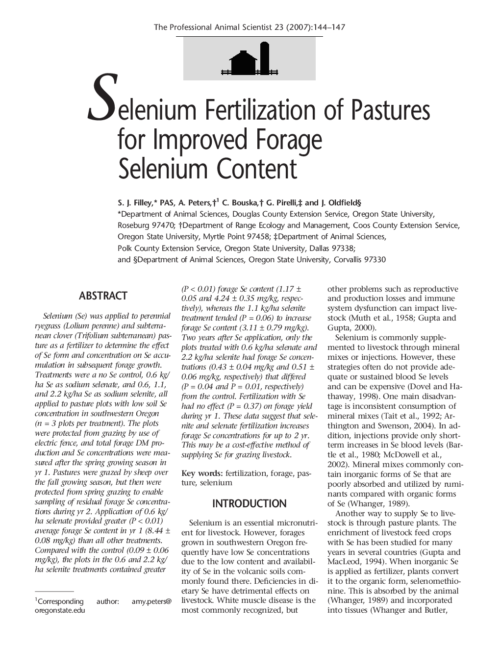 Selenium Fertilization of Pastures for Improved Forage Selenium Content