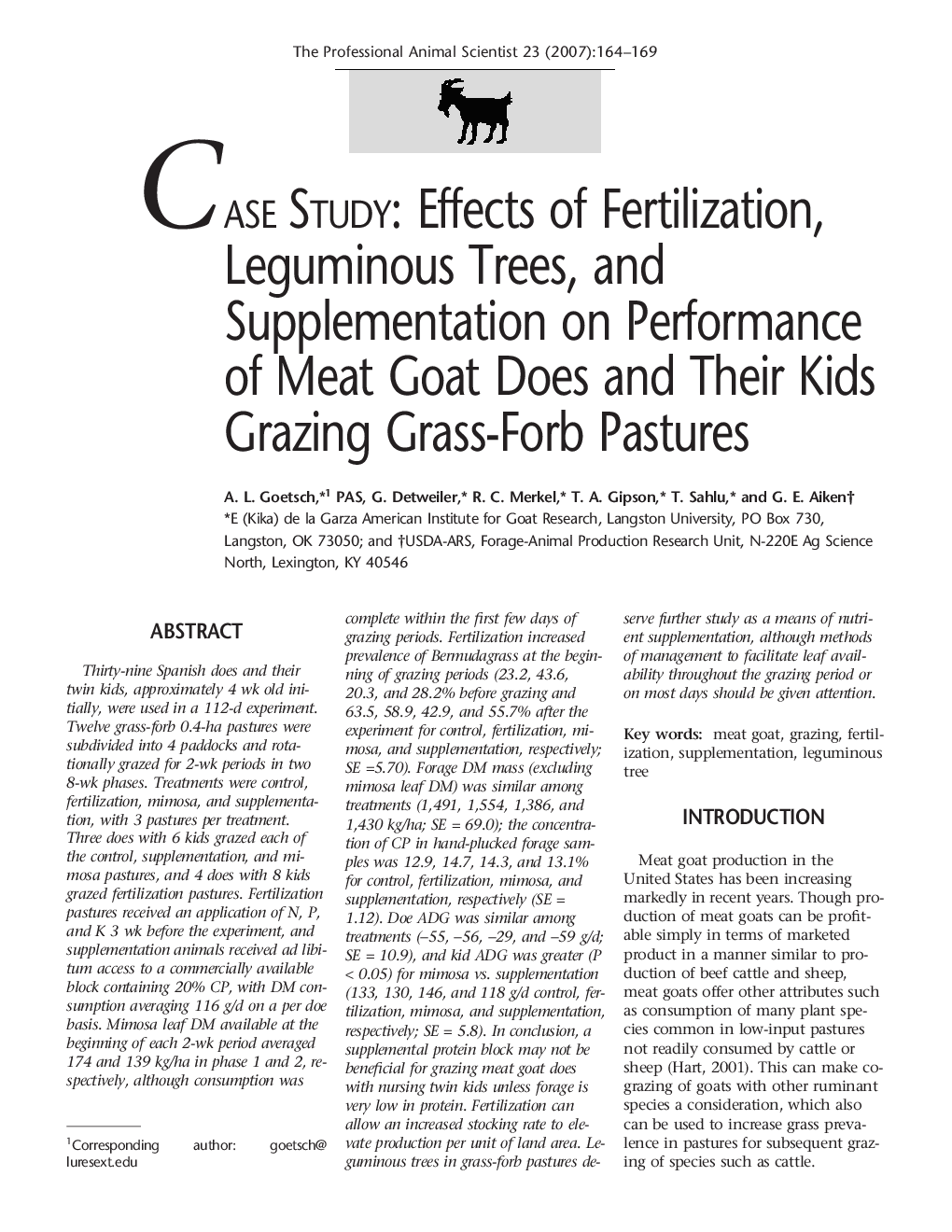 Effects of Fertilization, Leguminous Trees, and Supplementation on Performance of Meat Goat Does and Their Kids Grazing Grass-Forb Pastures