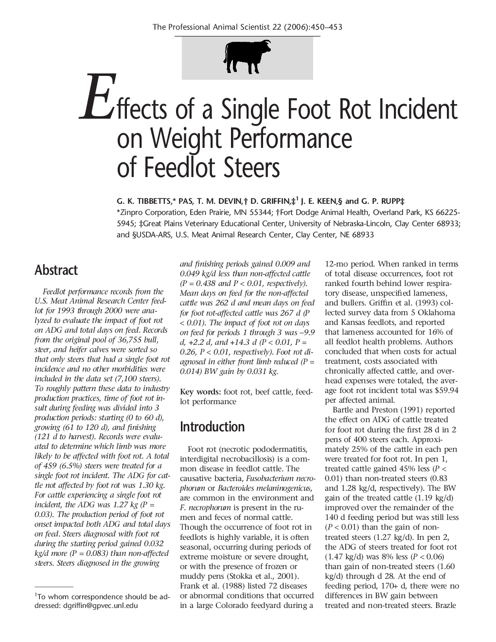 Effects of a Single Foot Rot Incident on Weight Performance of Feedlot Steers