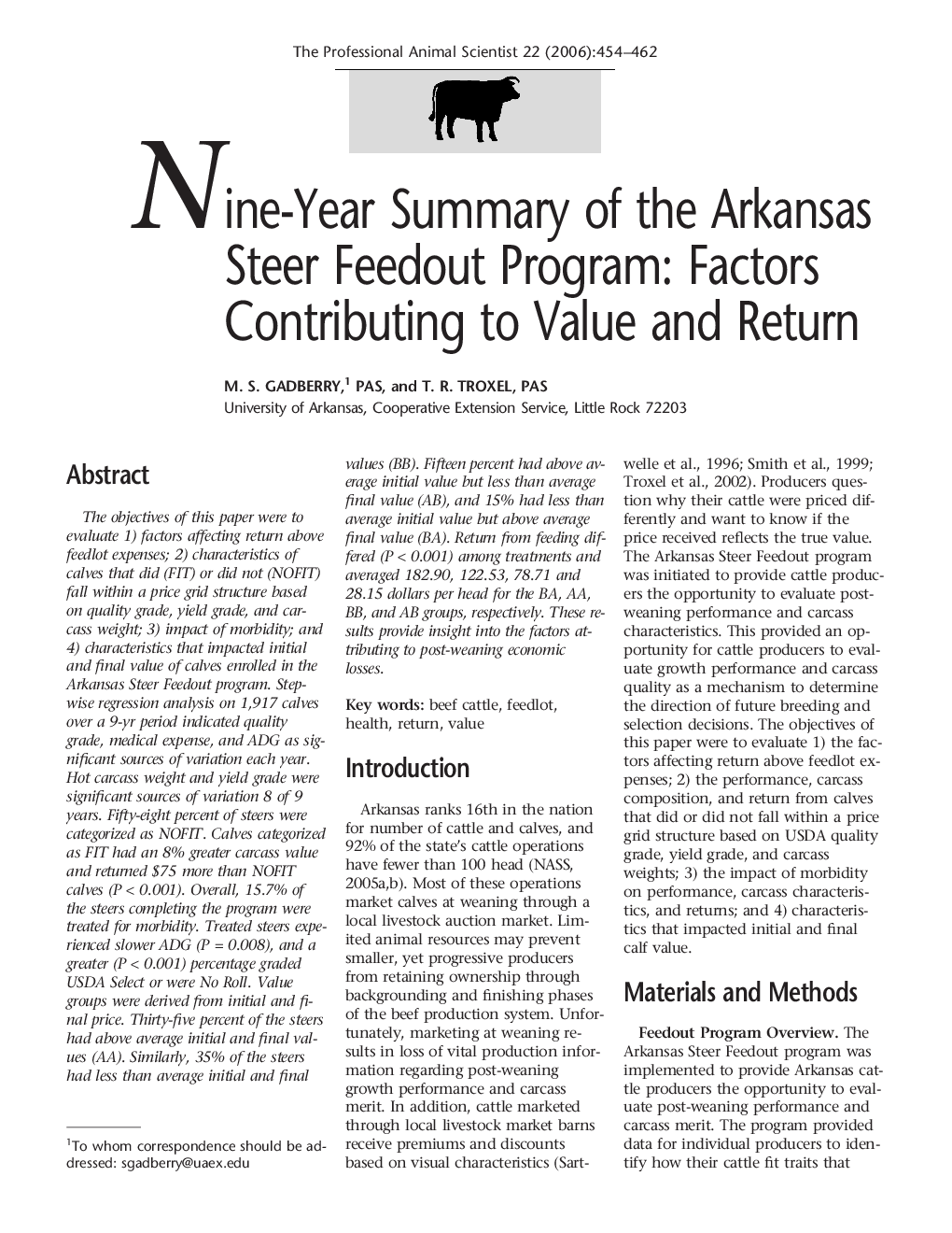 Nine-year Summary of the Arkansas Steer Feedout Program: Factors Contributing to Value and Return