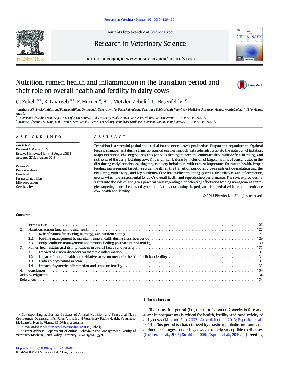 Nutrition, rumen health and inflammation in the transition period and their role on overall health and fertility in dairy cows